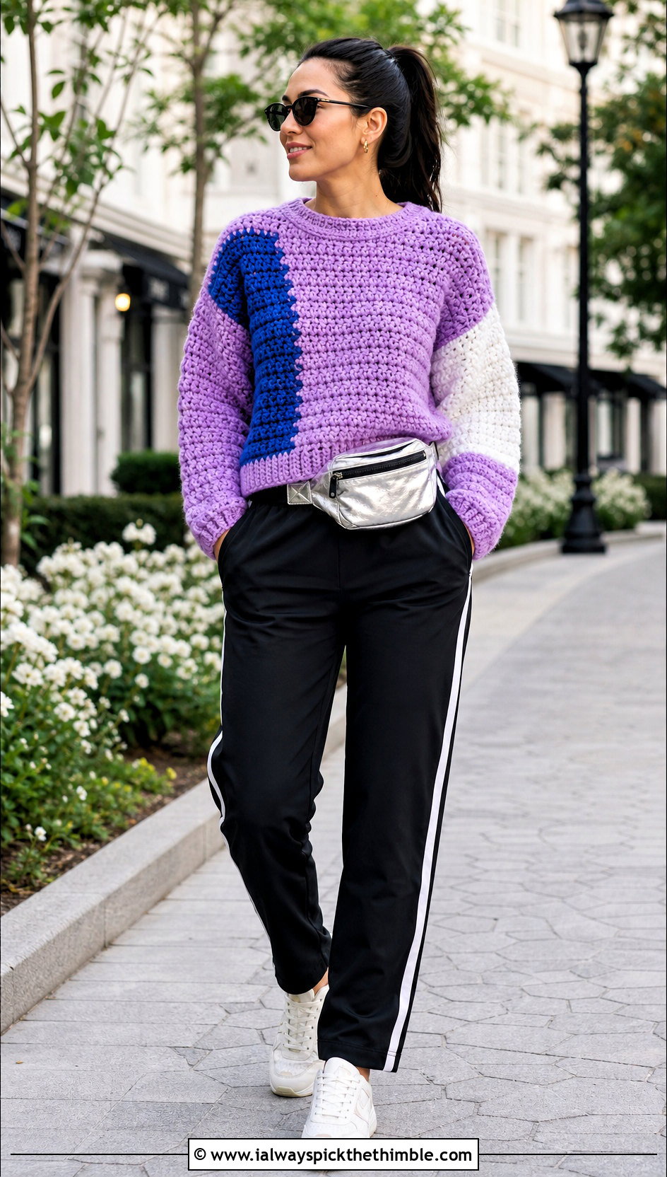 Color Block Crochet Chunky Sweater With Track Pants And Retro Sneakers - 25 crochet chunky sweater outfit ideas