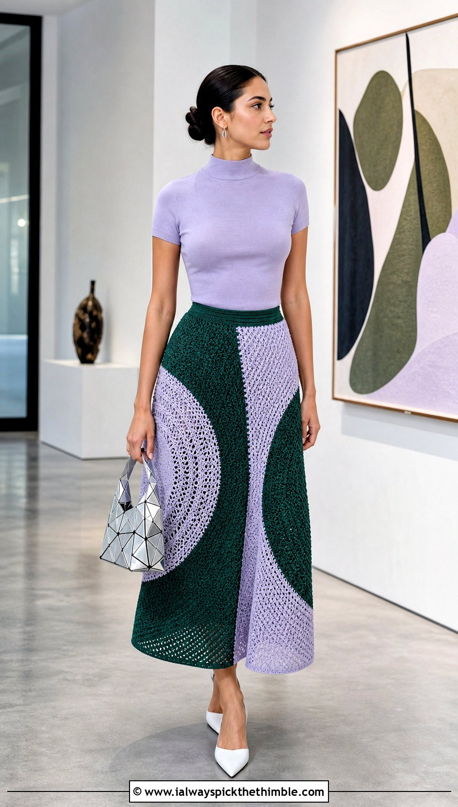Color Block Crochet Circle Skirt With Monochrome Top - 20 crochet circle skirt outfit ideas