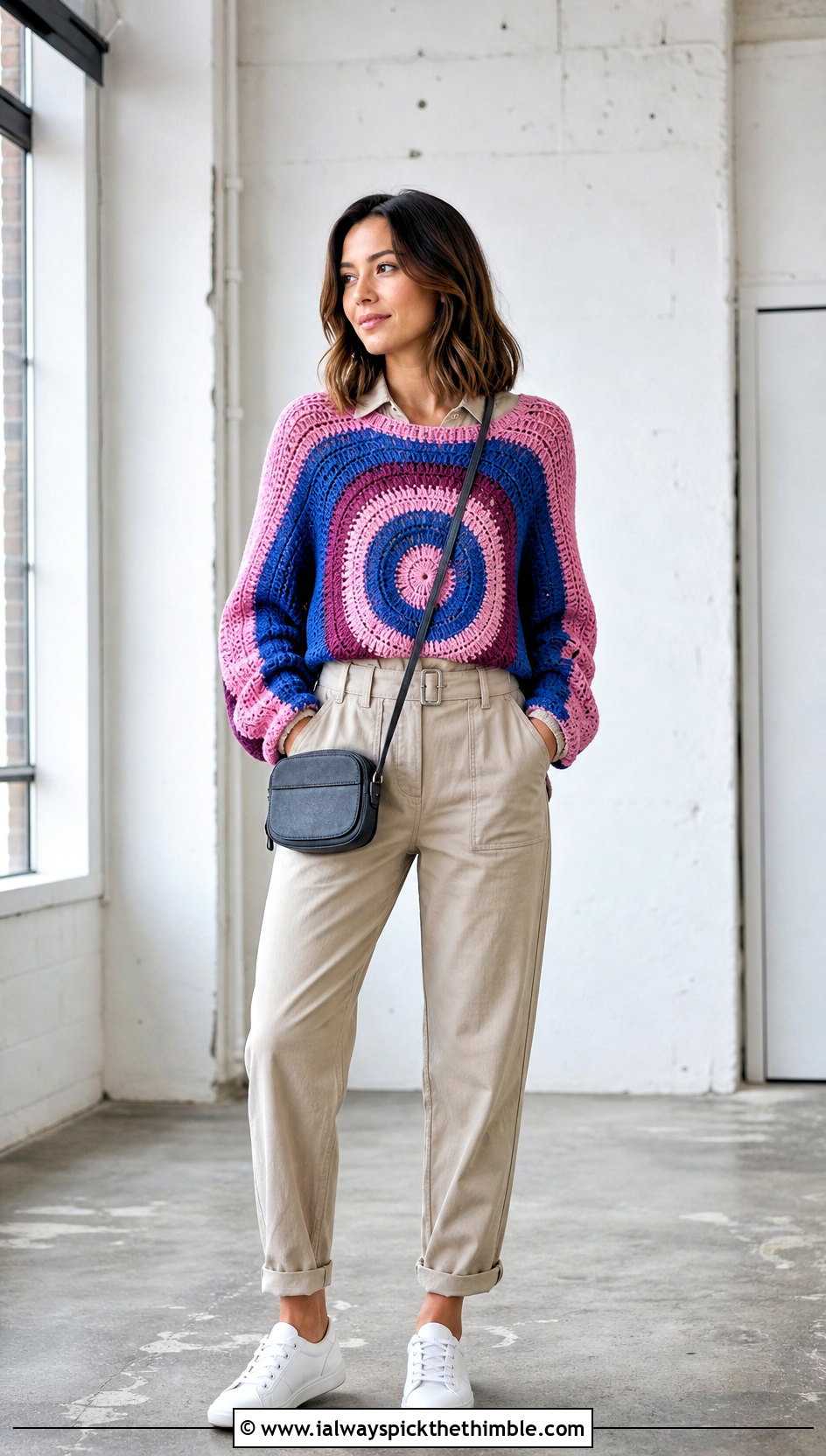 Color Block Crochet Circle Sweater With Utility Jumpsuit - 20 crochet circle sweater outfit ideas