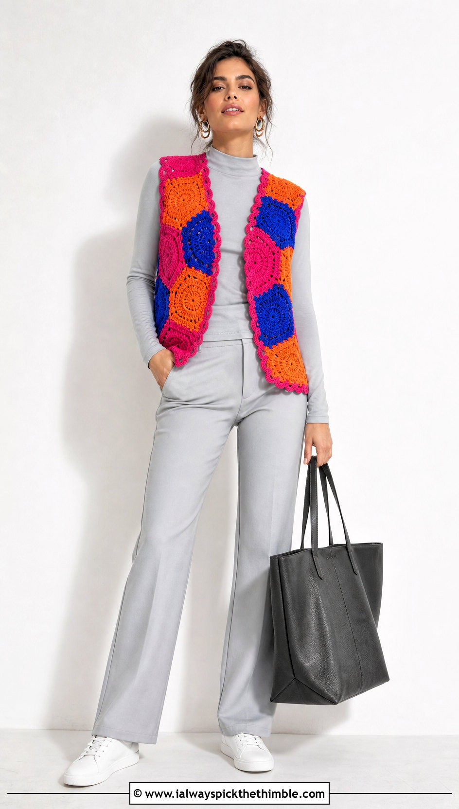 Color Block Crochet Circle Vest With Monochrome Basics - 25 crochet circle vest outfit ideas