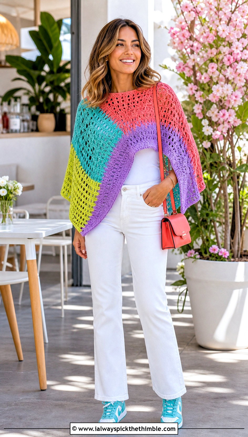 Color Block Crochet Circular Poncho With White Denim - 20 Crochet Circular Poncho outfit ideas