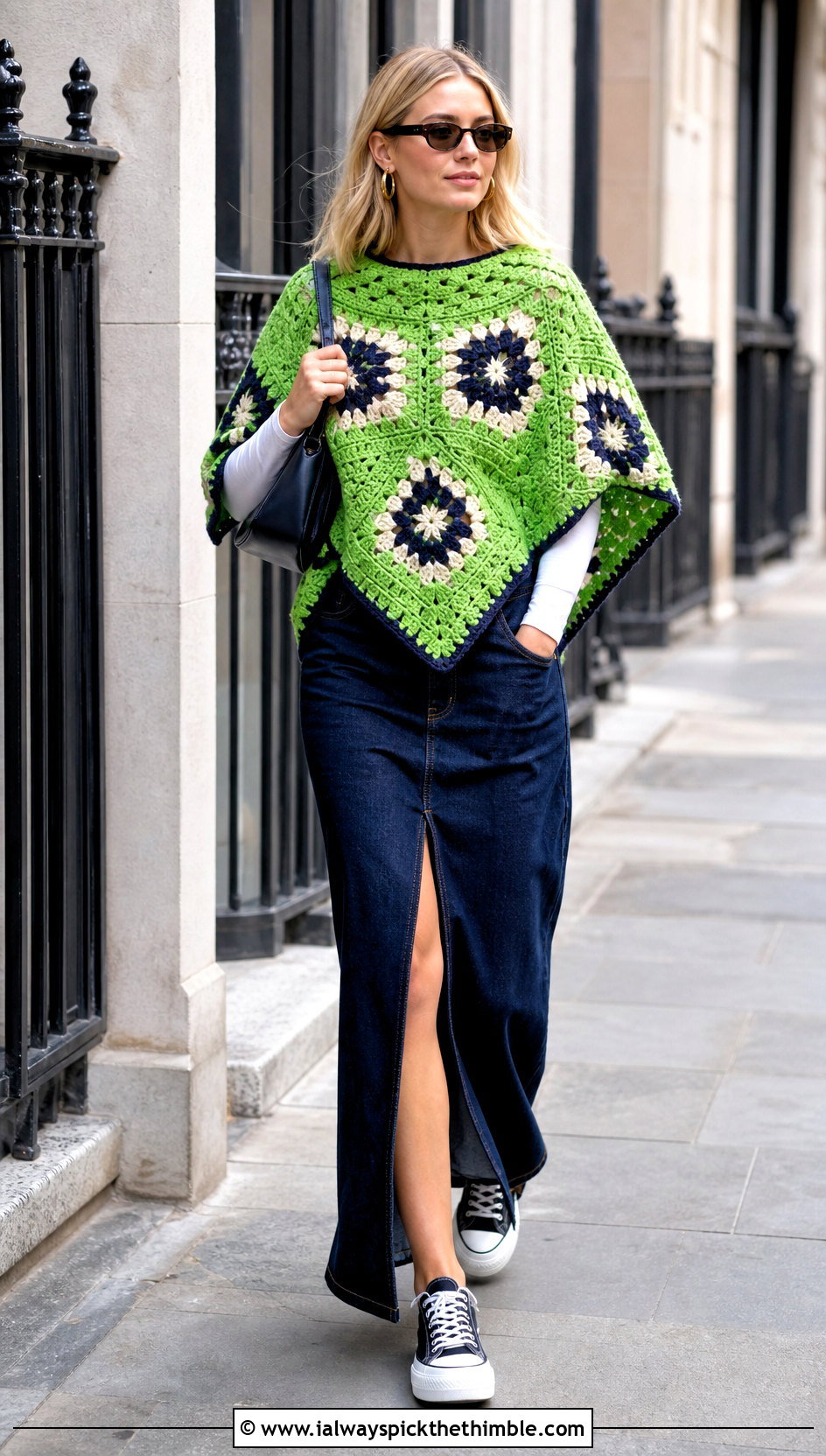 Color Block Crochet Clint Eastwood Poncho With Denim Maxi Skirt - 15 Crochet Clint Eastwood Poncho outfit ideas
