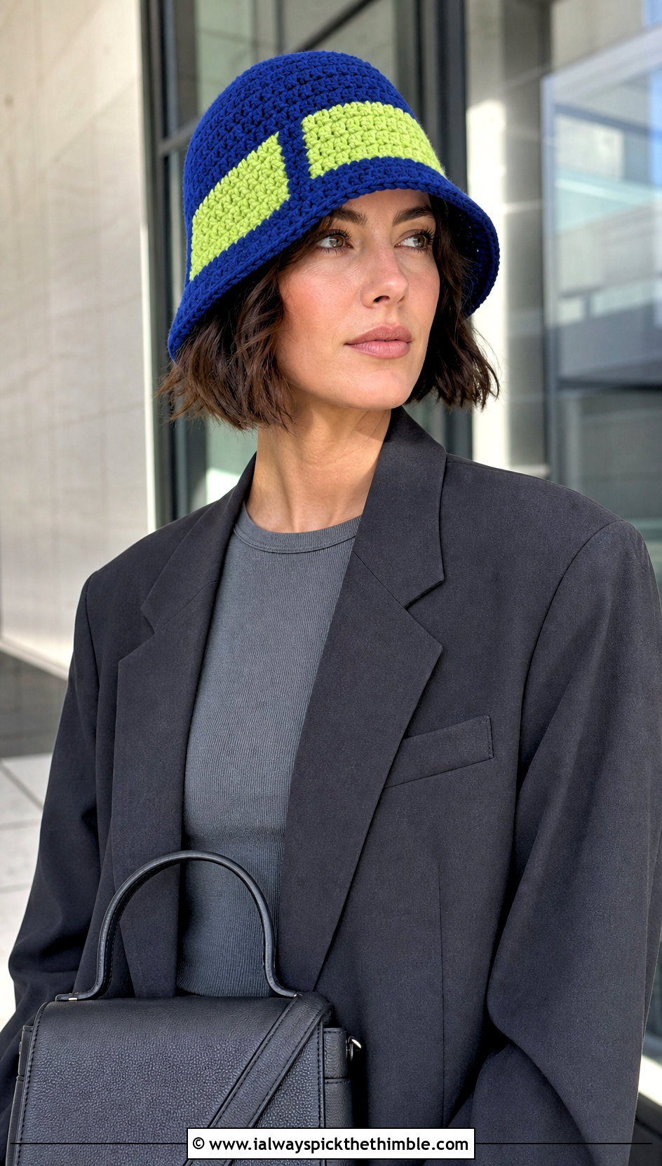 Color Block Crochet Cloche Hat With Monochrome Suit - 25 crochet cloche hat outfit ideas