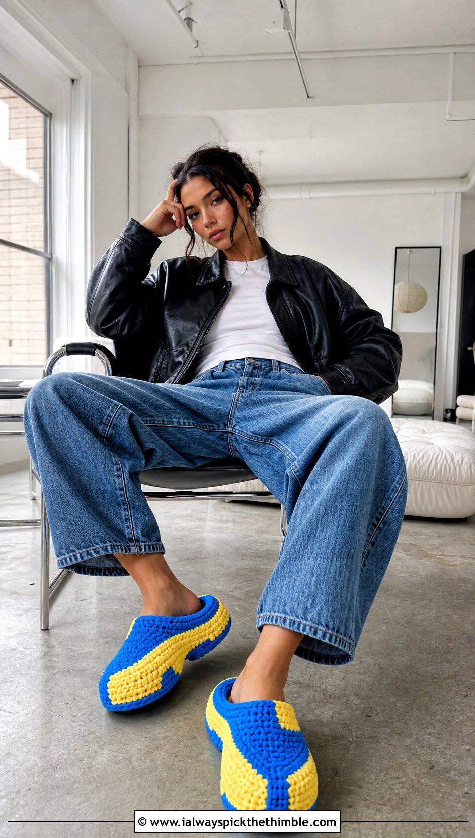Color Block Crochet Clog Slippers With Barrel Jeans - 20 Quick Crochet Slippers outfit ideas