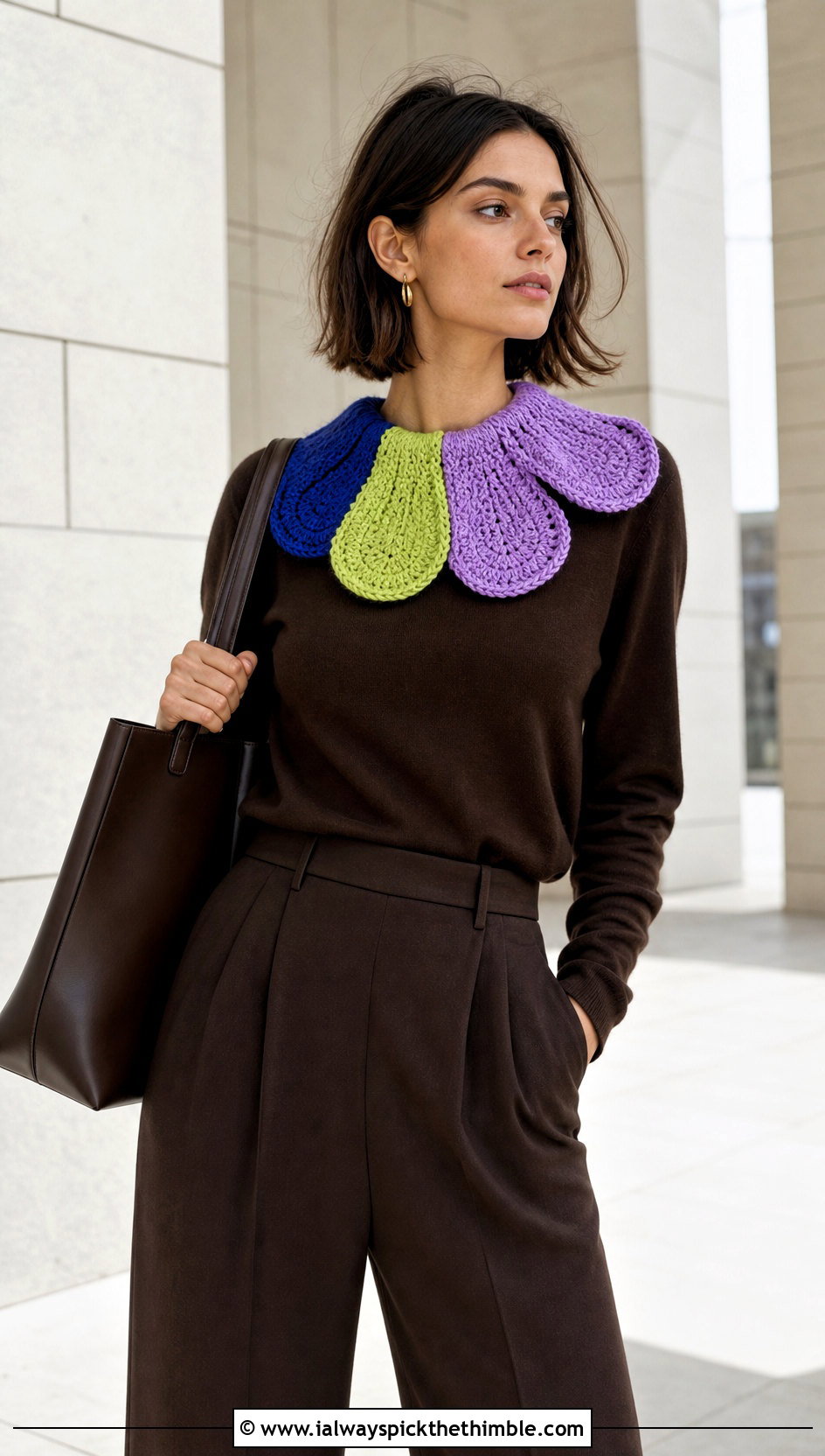 Color Block Crochet Clown Collar With Monochrome Sweater And Trousers - 25 crochet clown collar outfit ideas