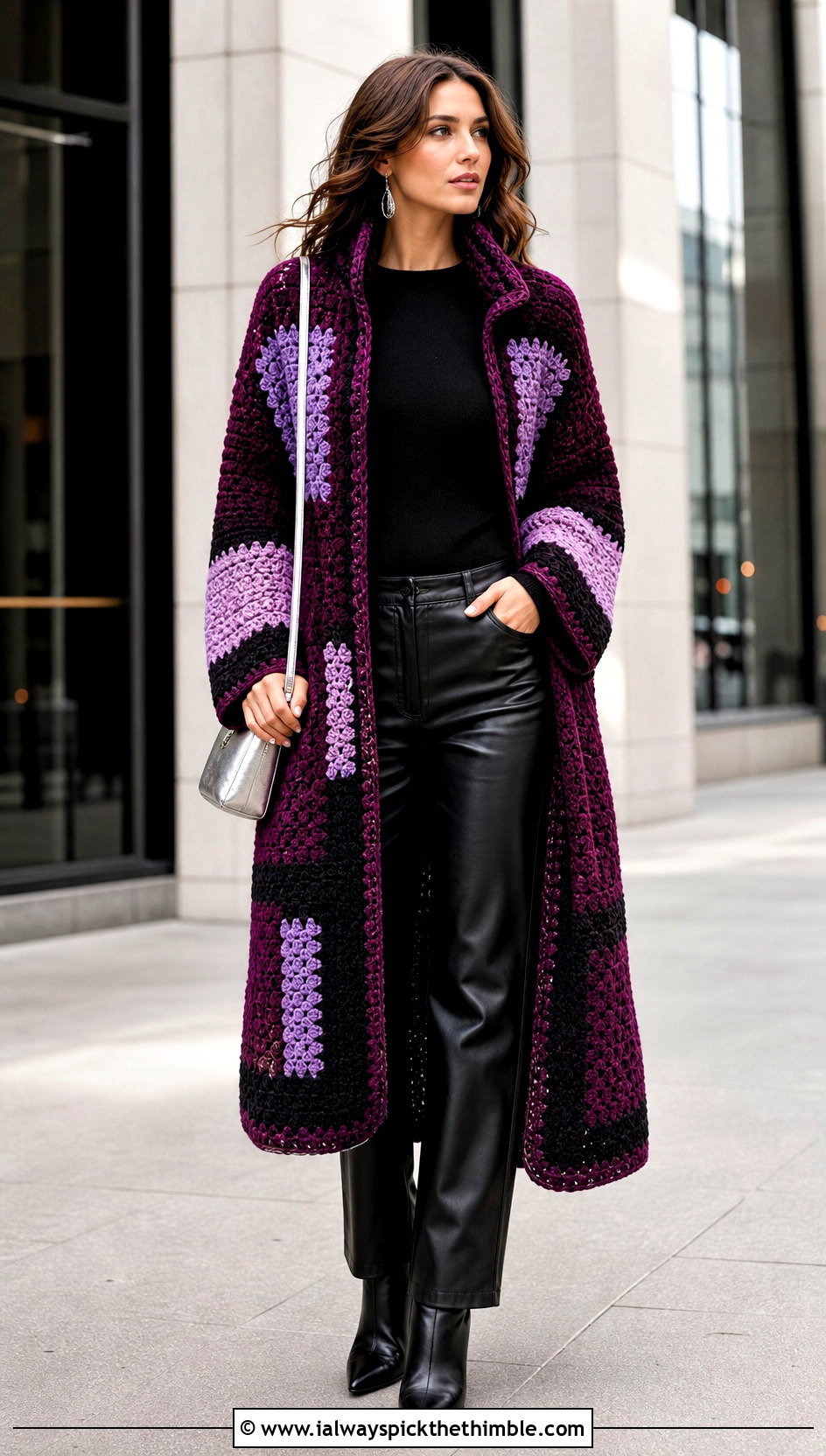 Color Block Crochet Coat With Leather Pants - 25 crochet coat outfit ideas