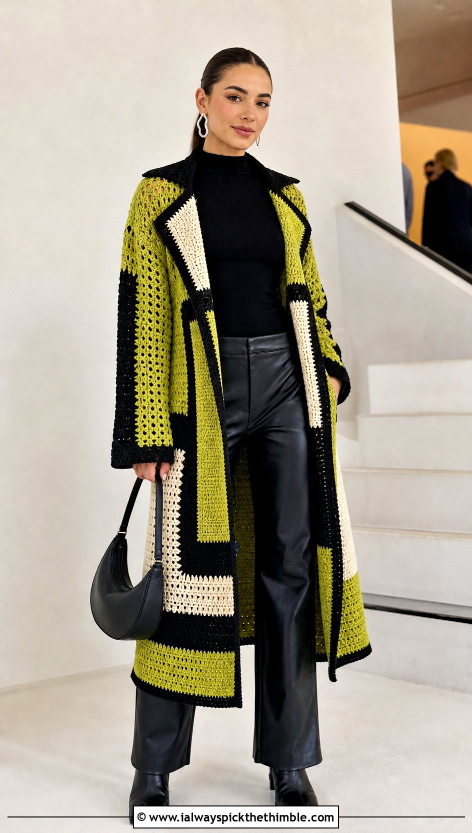 Color Block Crochet Coat With Leather Pants - 15 beginner crochet coat outfit ideas