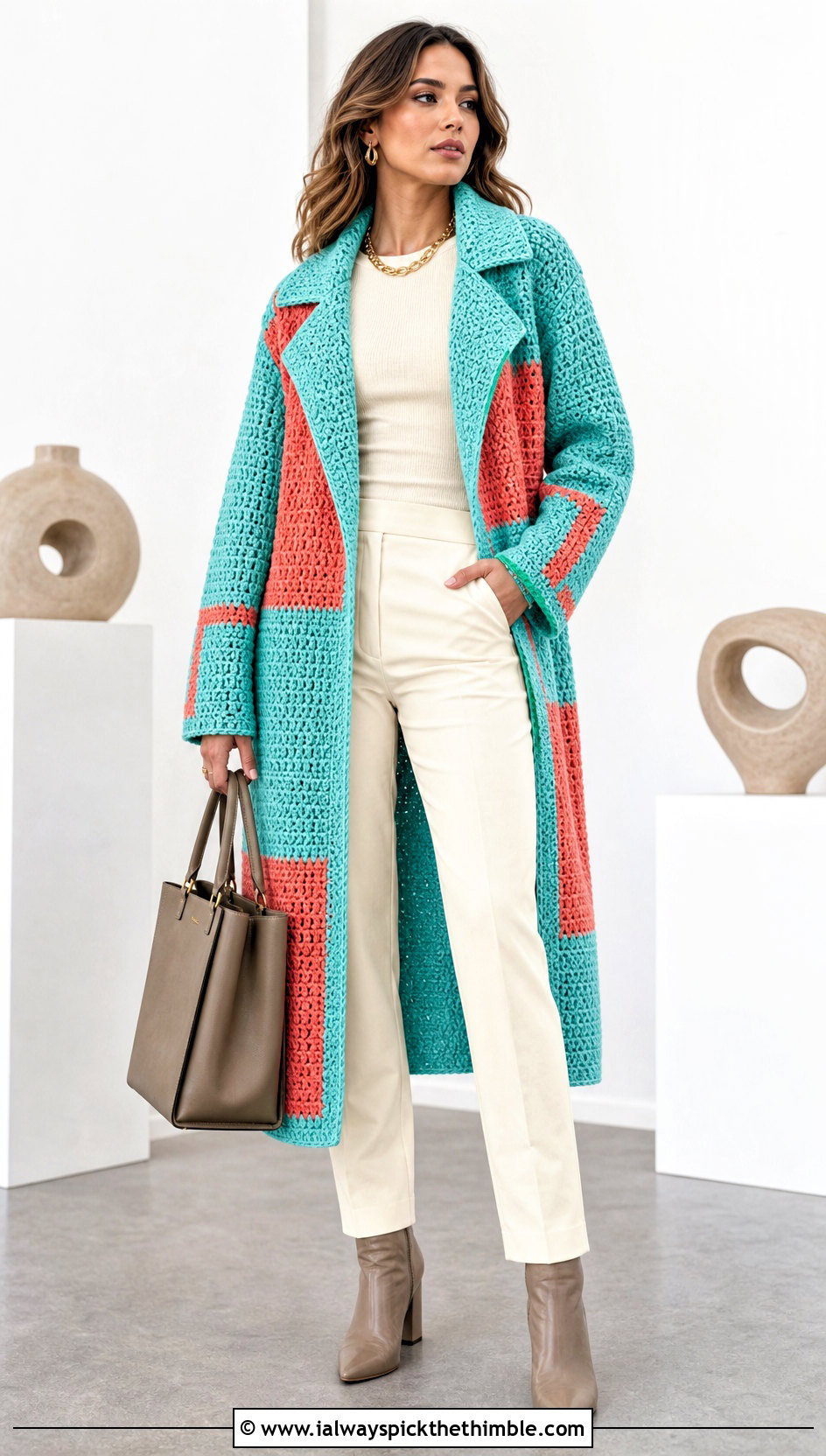 Color Block Crochet Coat With Monochrome Basics - 15 crochet coat size m outfit ideas