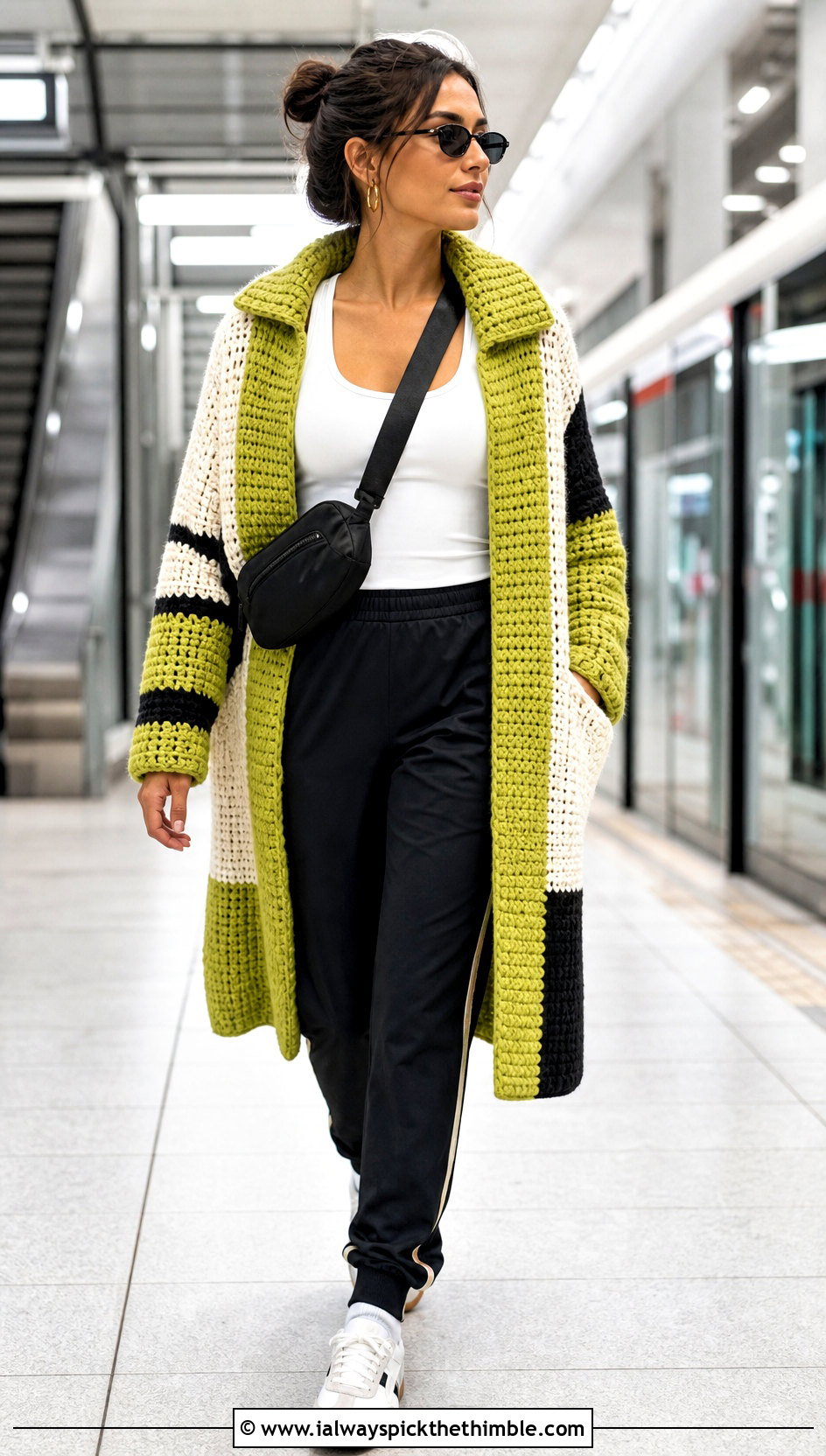 Color Block Crochet Coat With Track Pants - 15 stylish crochet coat design outfit ideas