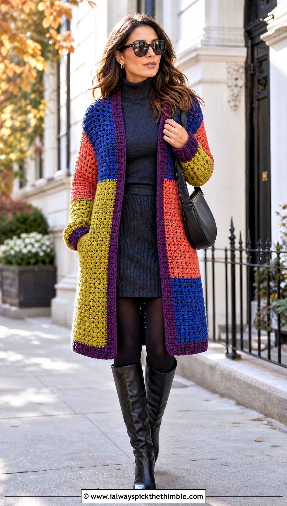 Color Block Crochet Coatigan With Mini Skirt - 20 Crochet Colourful Cardigan outfit ideas