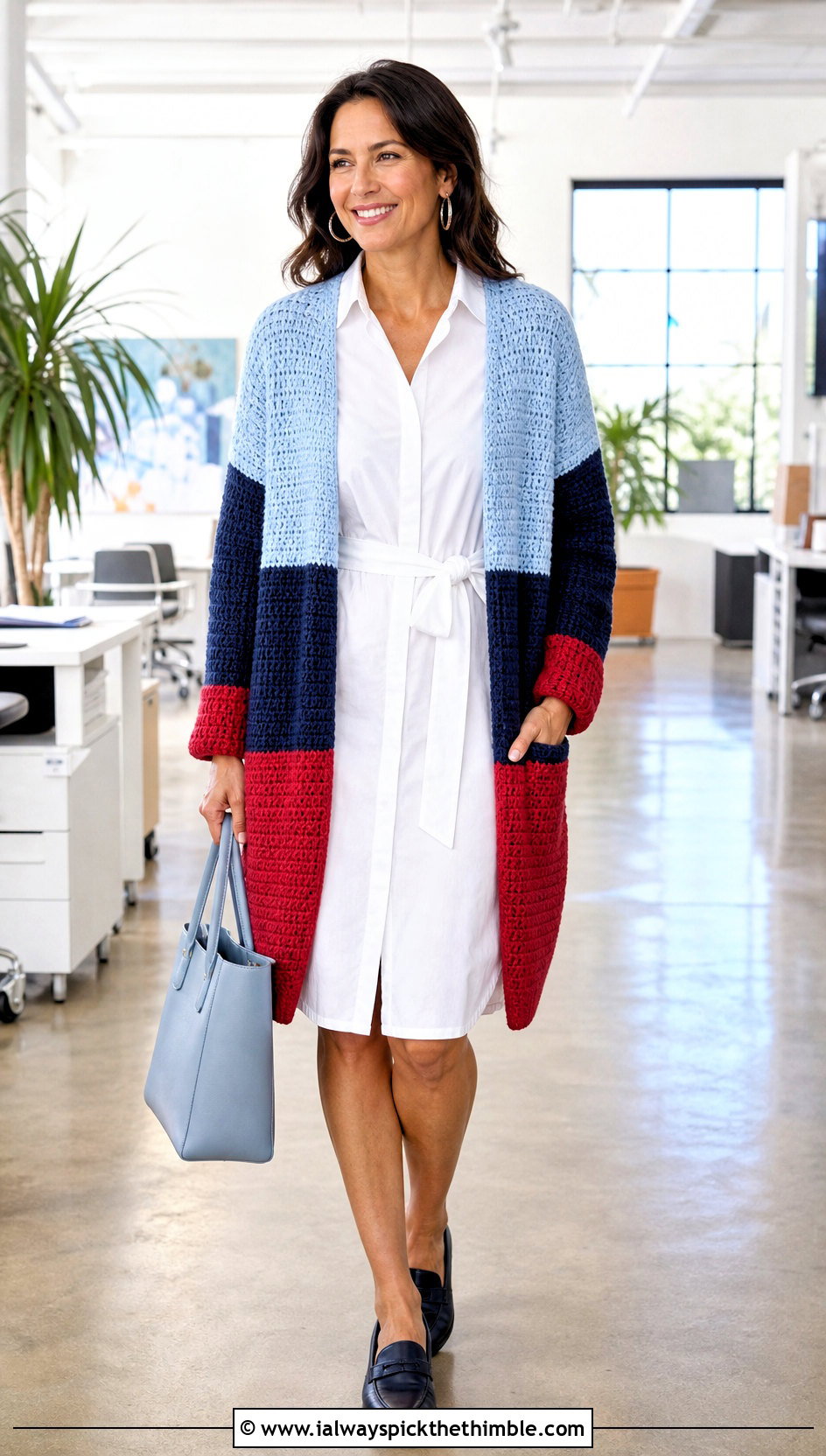 Color Block Crochet Cocoon Cardigan With Shirt Dress - 15 Easy Crochet Cocoon Cardigan outfit ideas