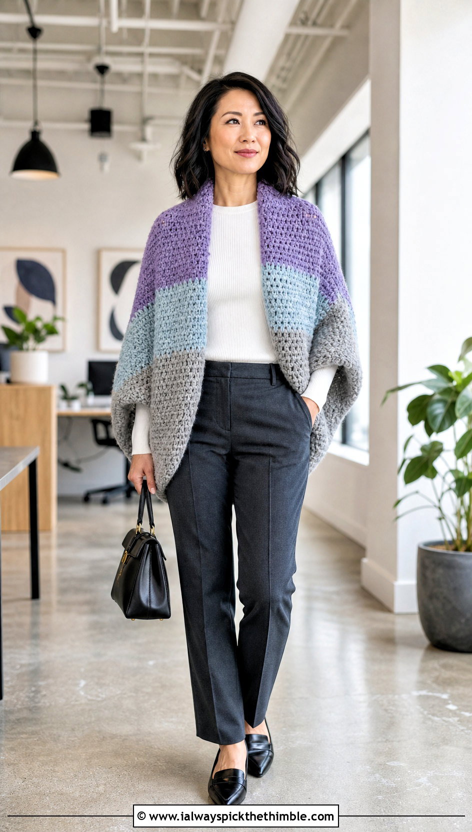 Color Block Crochet Cocoon Shrug With Tailored Trousers - 20 Easy Crochet Cocoon Shrug outfit ideas
