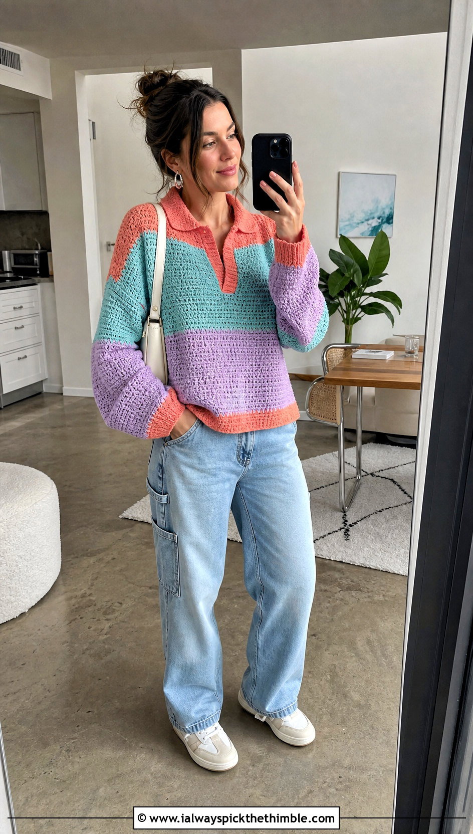 Color Block Crochet Collared Sweater With Carpenter Jeans - 20 Crochet Collared Sweater outfit ideas