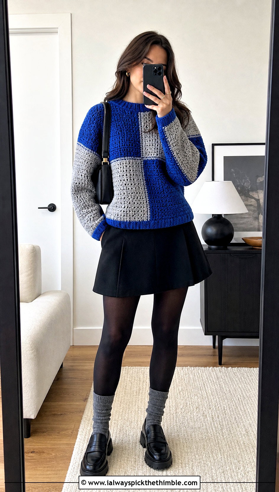 Color Block Crochet Couch Sweater With Mini Skirt And Loafers - 15 Crochet Couch Sweater outfit ideas
