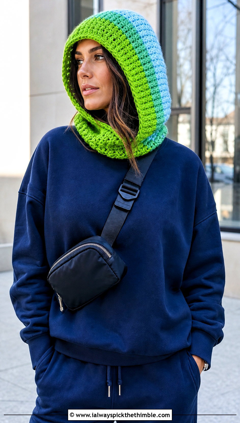 Color Block Crochet Cowl Hat With Matching Tracksuit - 20 crochet cowl hat outfit ideas