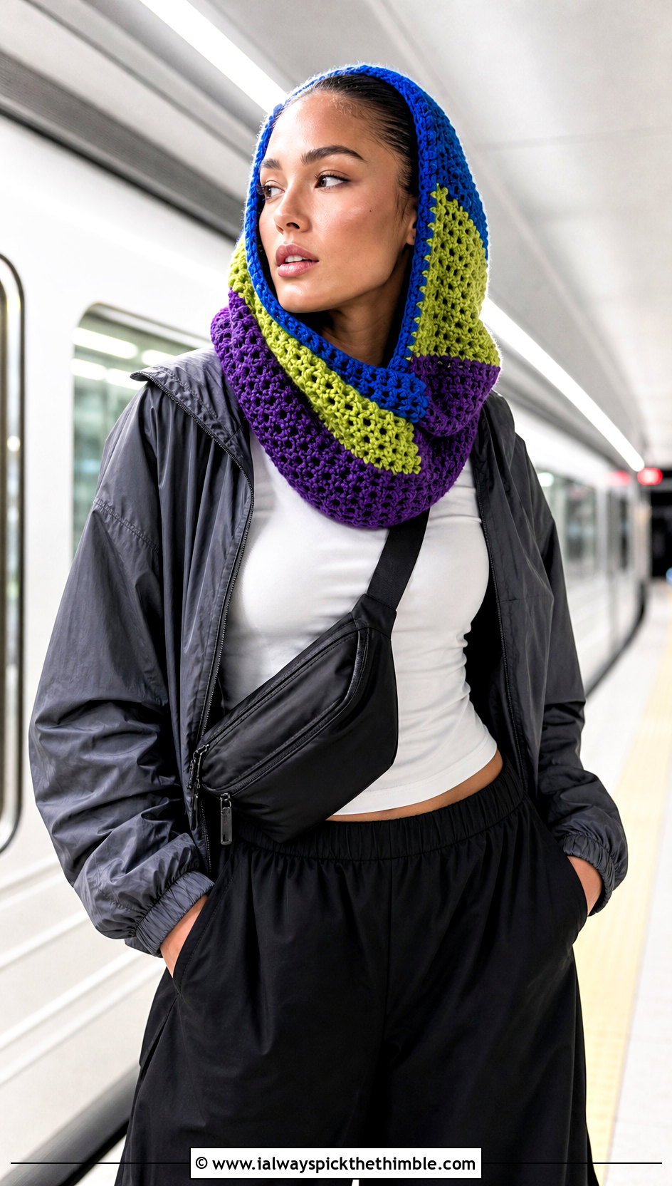 Color Block Crochet Cowl Hood With Track Pants - 20 crochet cowl hood outfit ideas