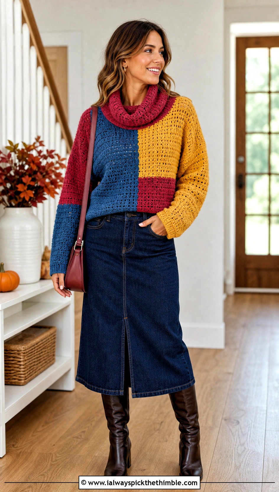 Color Block Crochet Cowl Neck Sweater With Denim Skirt - 20 Crochet Cowl Neck Sweater outfit ideas