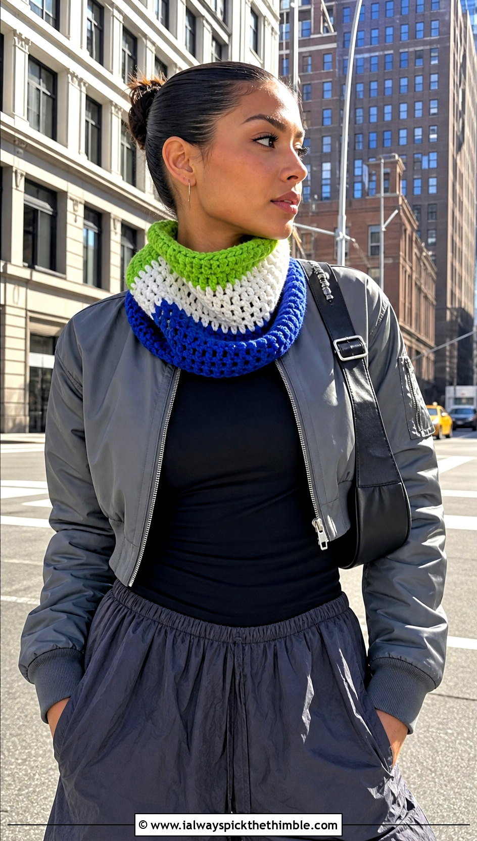 Color Block Crochet Cowl Scarf With Bomber Jacket - 25 crochet cowell scarf outfit ideas