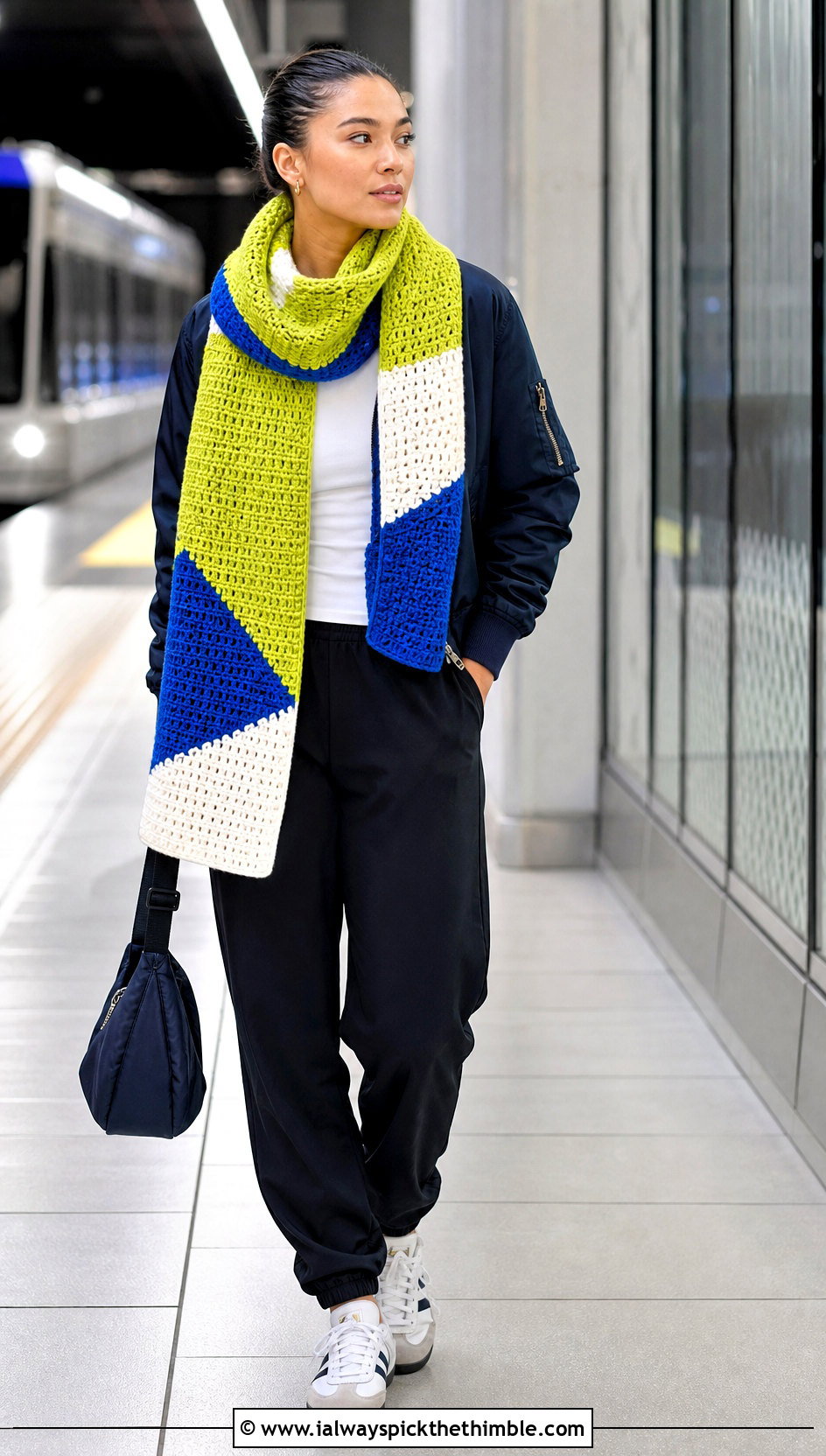 Color Block Crochet Cowl Shawl With Bomber Jacket - 20 crochet cowl shawl outfit ideas