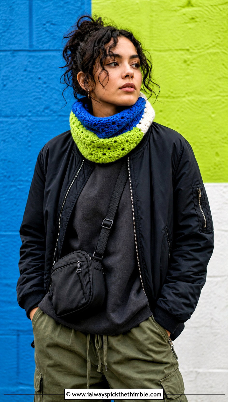 Color Block Crochet Cowl With Bomber Jacket - 25 crochet cowl neck warmer outfit ideas