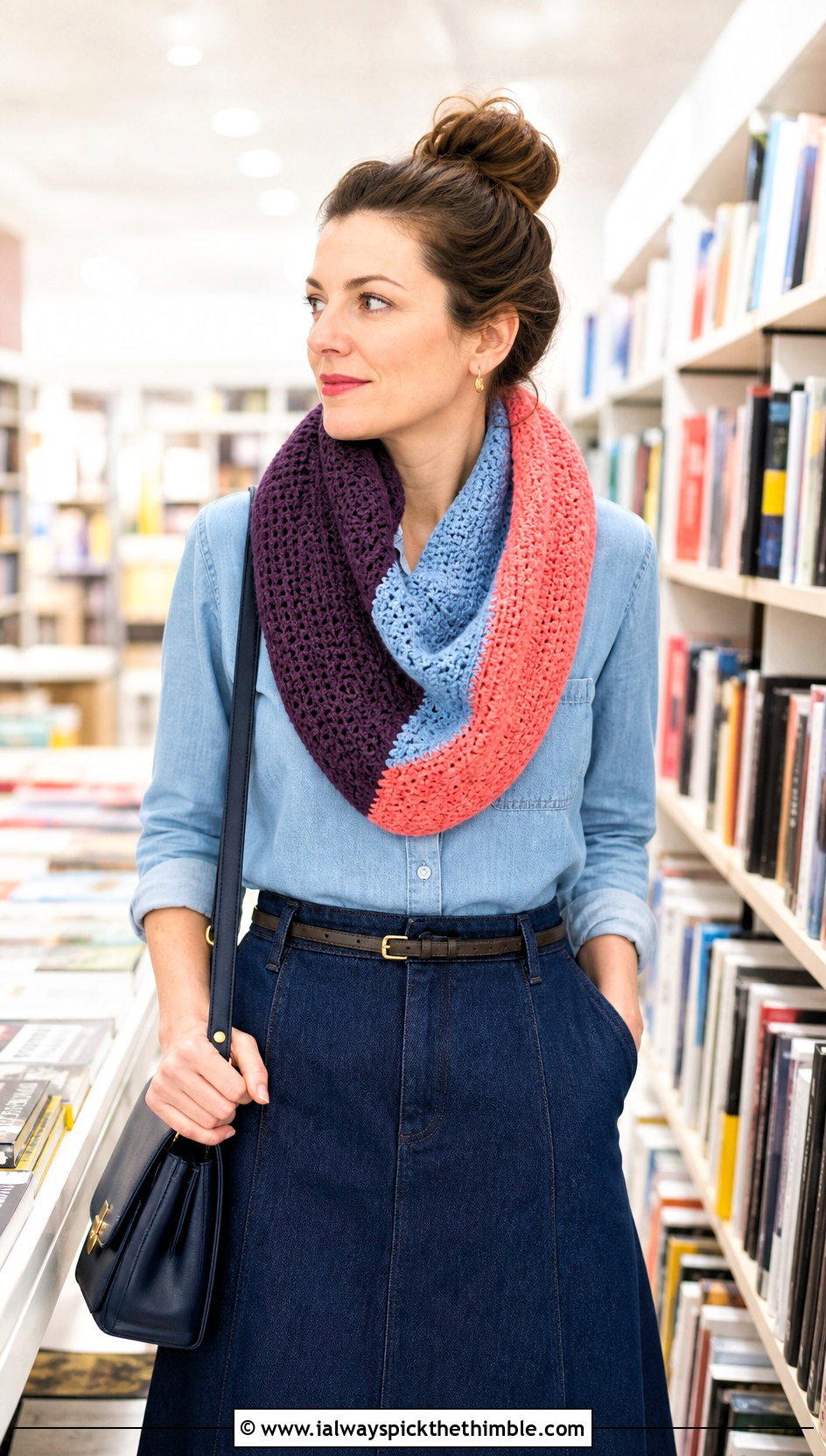 Color Block Crochet Cowl With Chambray Shirt - 15 Crochet For Cowl Scarf outfit ideas
