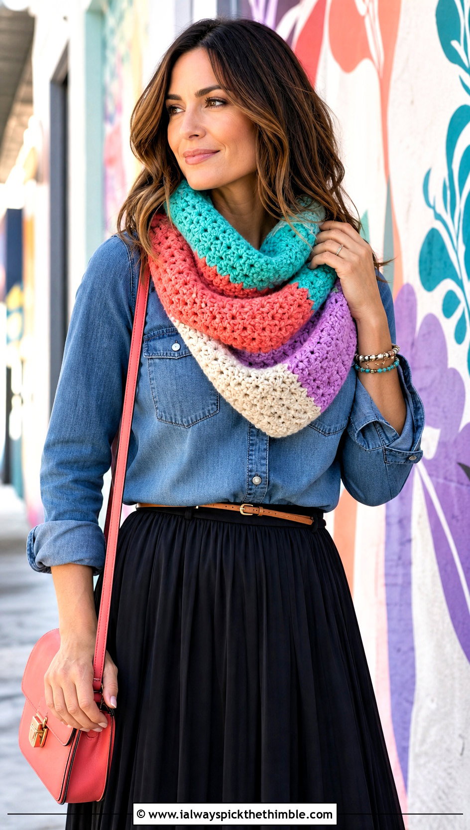 Color Block Crochet Cowl With Denim Shirt And Maxi Skirt - 20 cowl crochet scarf outfit ideas