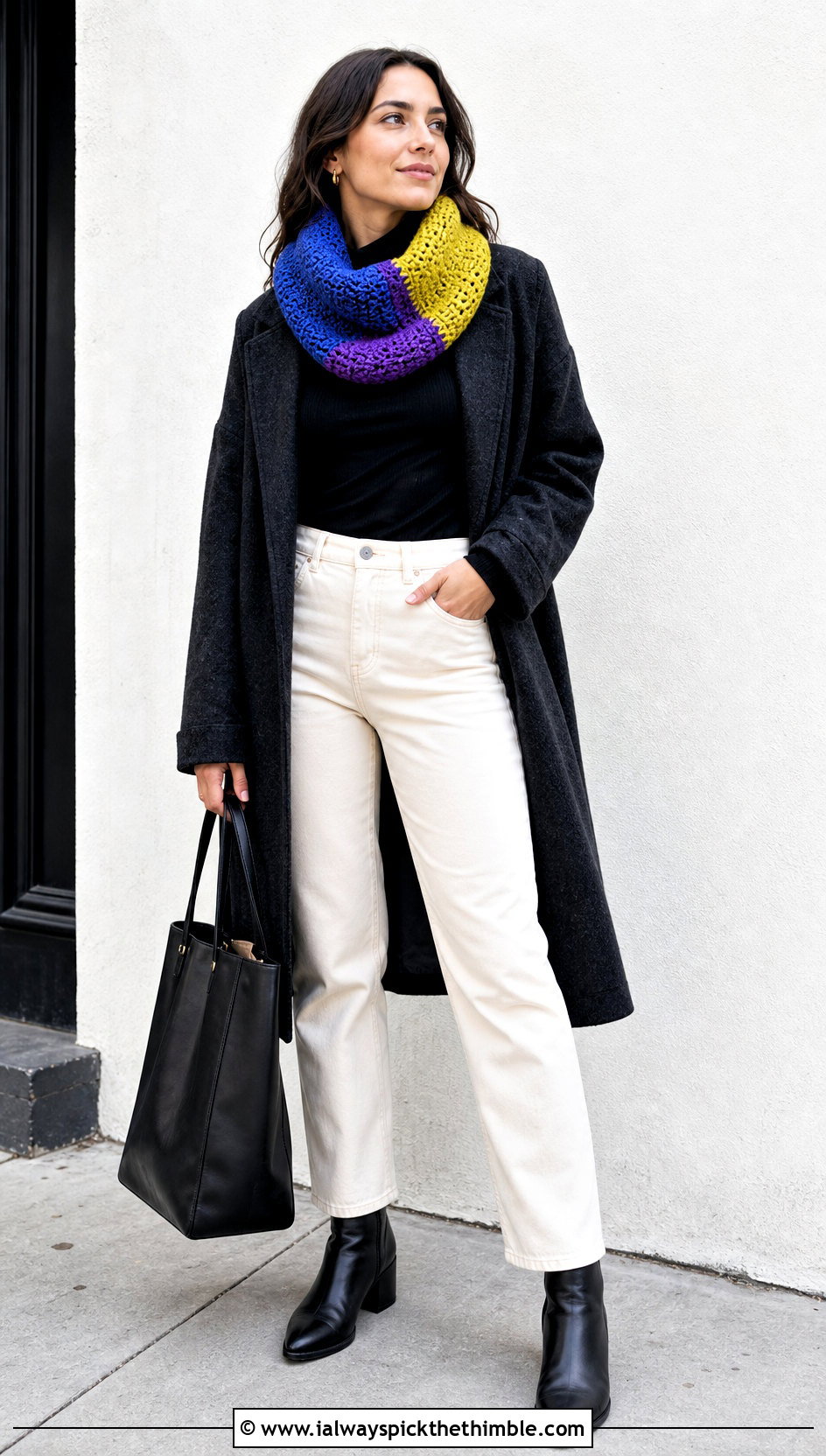 Color Block Crochet Cowl With Minimalist Outfit - 20 Wool Ease Thick And Quick Crochet Cowl outfit ideas