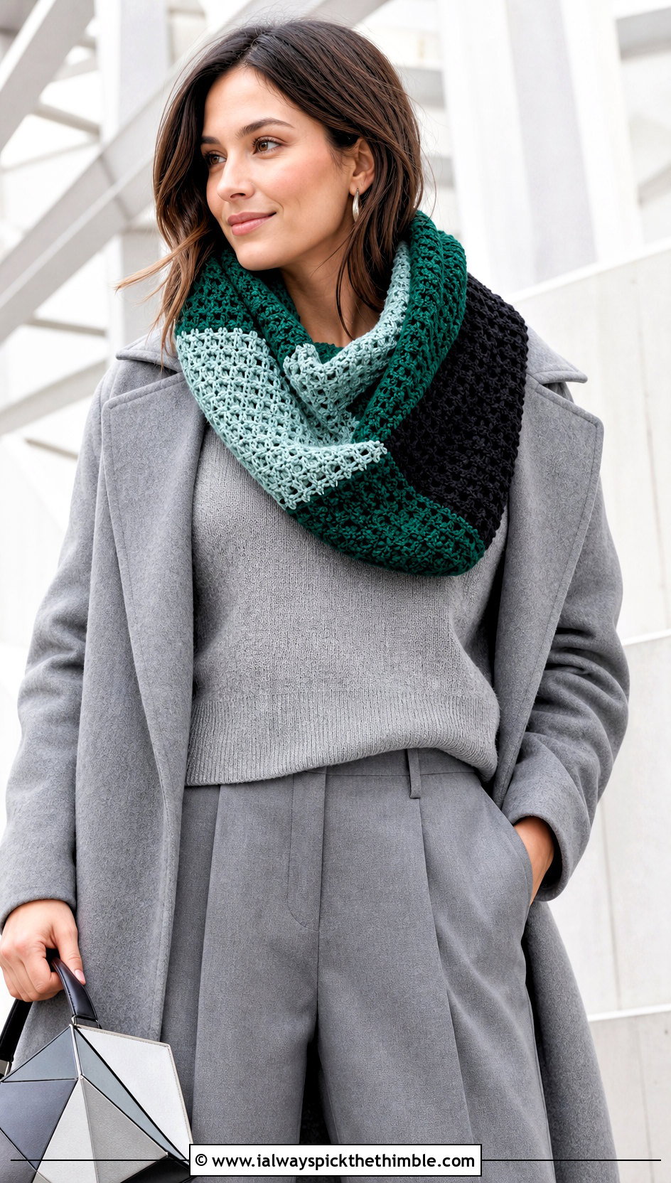 Color Block Crochet Cowl With Monochrome Outfit - 25 crochet cowl outfit ideas