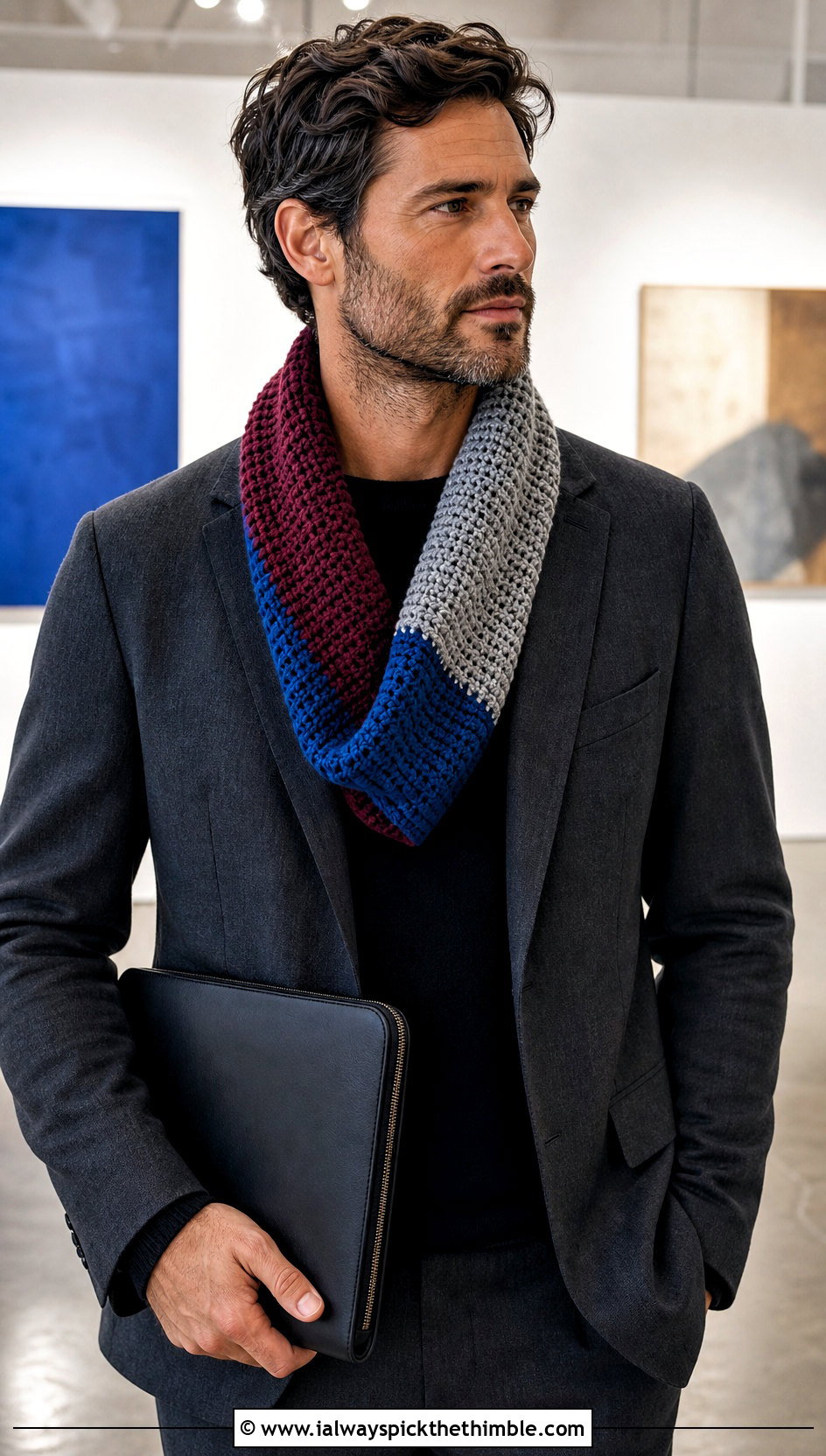 Color Block Crochet Cowl With Monochrome Suit - 20 Men Crochet Cowl outfit ideas