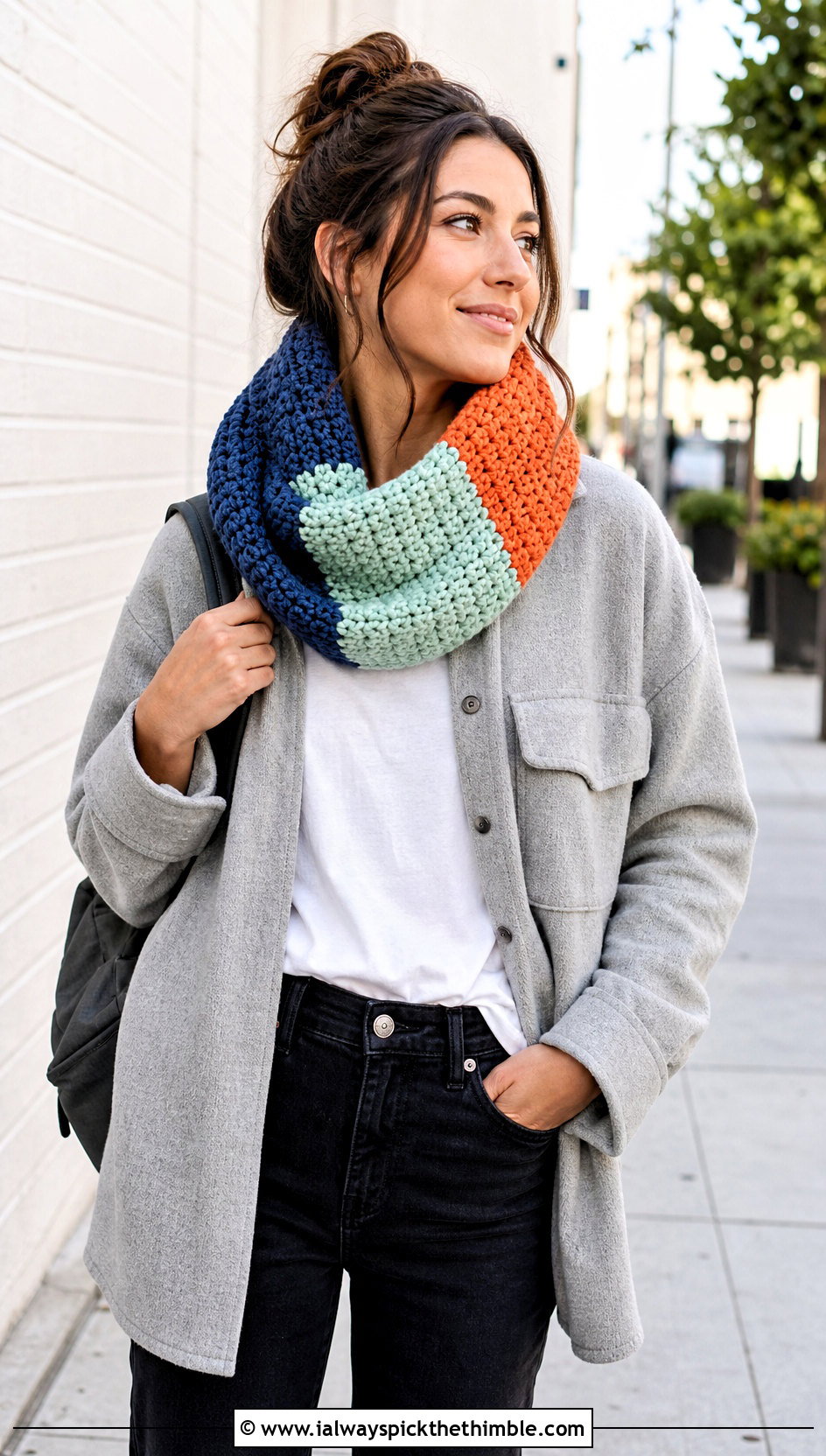 Color Block Crochet Cowl With Shacket And Black Denim - 25 crochet neck warmer cowls outfit ideas