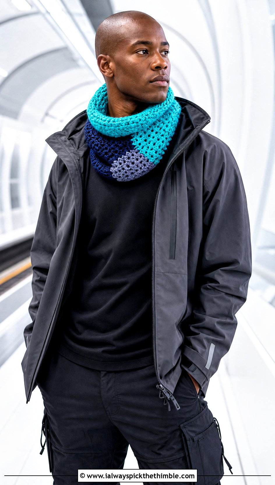 Color Block Crochet Cowl With Techwear Outfit - 20 crochet cowl for men outfit ideas