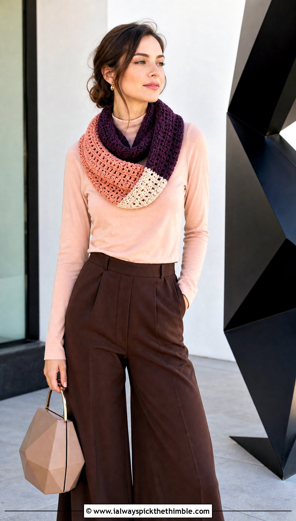 Color Block Crochet Cowl With Tonal Trousers - 20 Simple Crochet Cowl outfit ideas