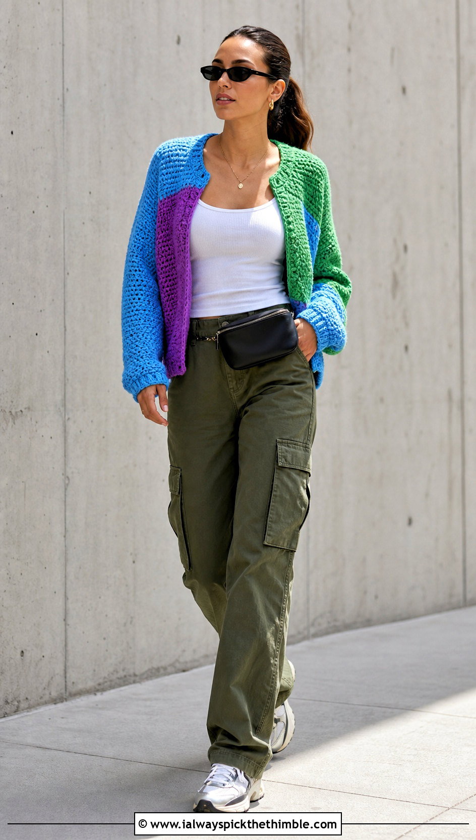 Color Block Crochet Crew Neck Cardigan With Cargo Pants - 20 crochet crew neck cardigan outfit ideas