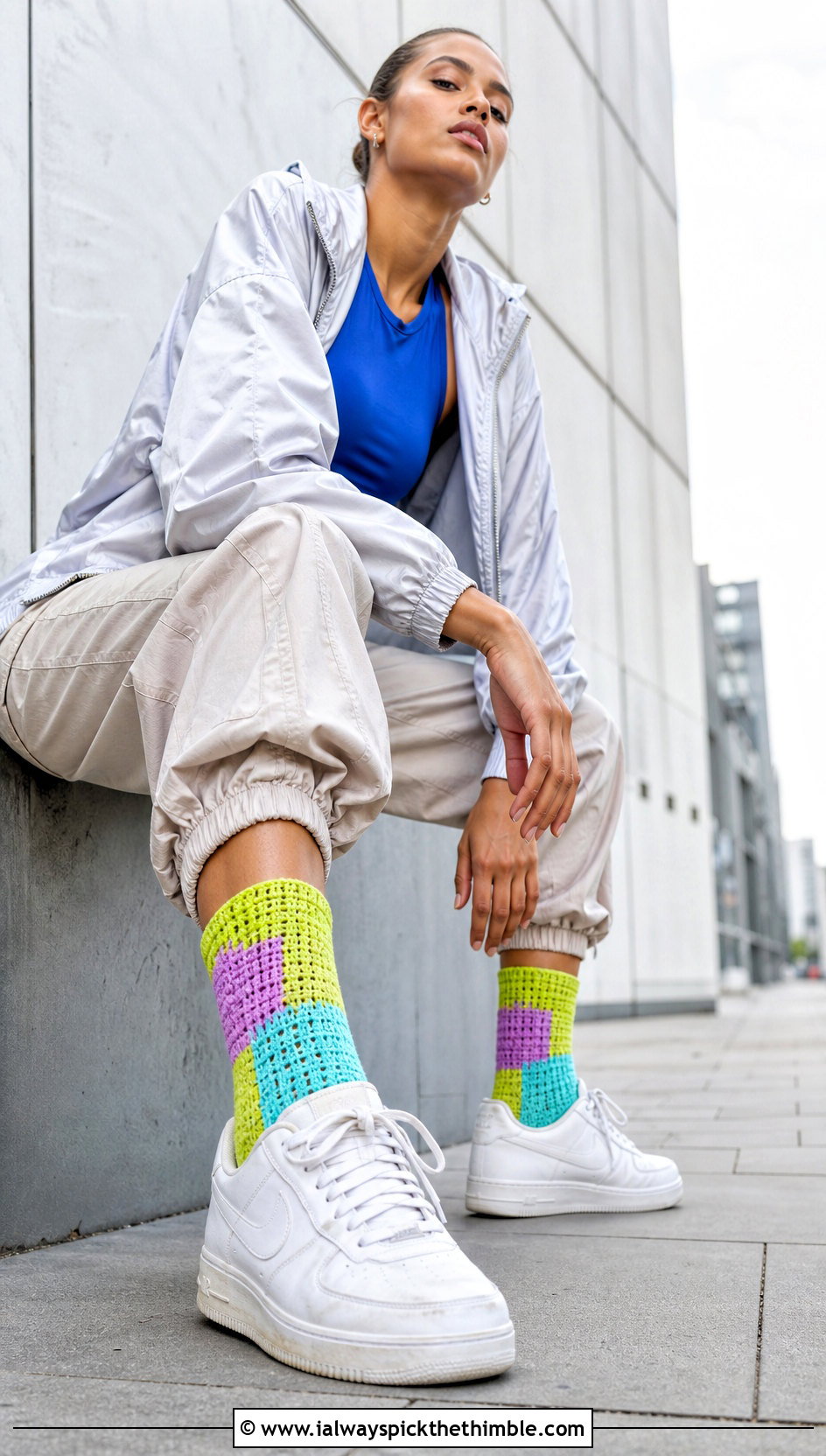 Color Block Crochet Crew Socks With Cargo Pants - 25 easy crochet socks outfit ideas
