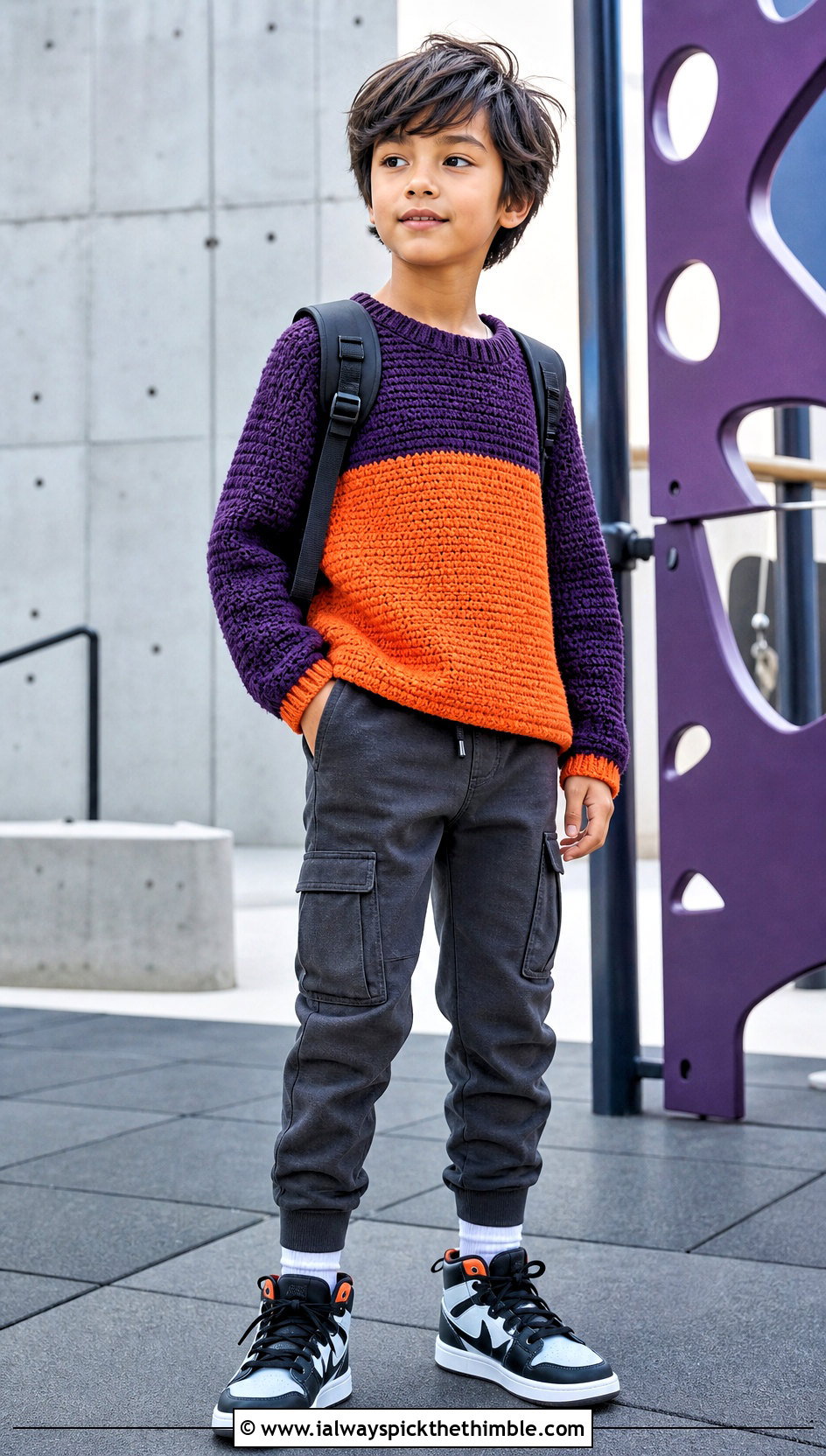Color Block Crochet Crewneck Sweater With Cargo Joggers - 15 Crochet Childs Sweater outfit ideas