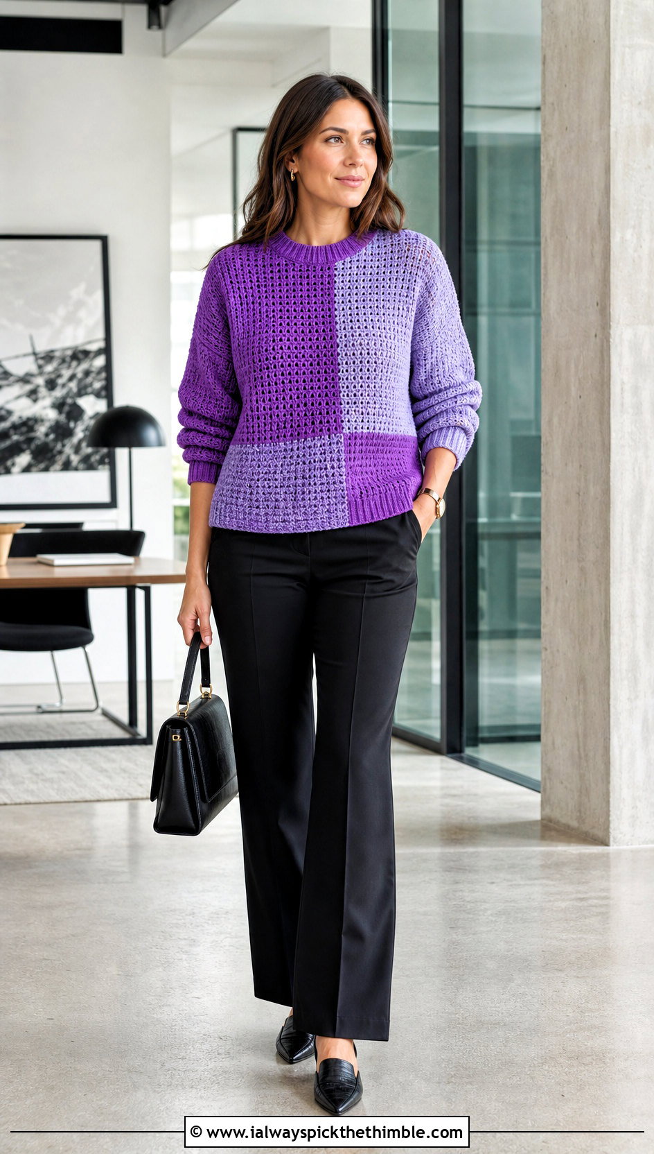 Color Block Crochet Crewneck Sweater With Tailored Trousers - 20 90s crochet sweater outfit ideas