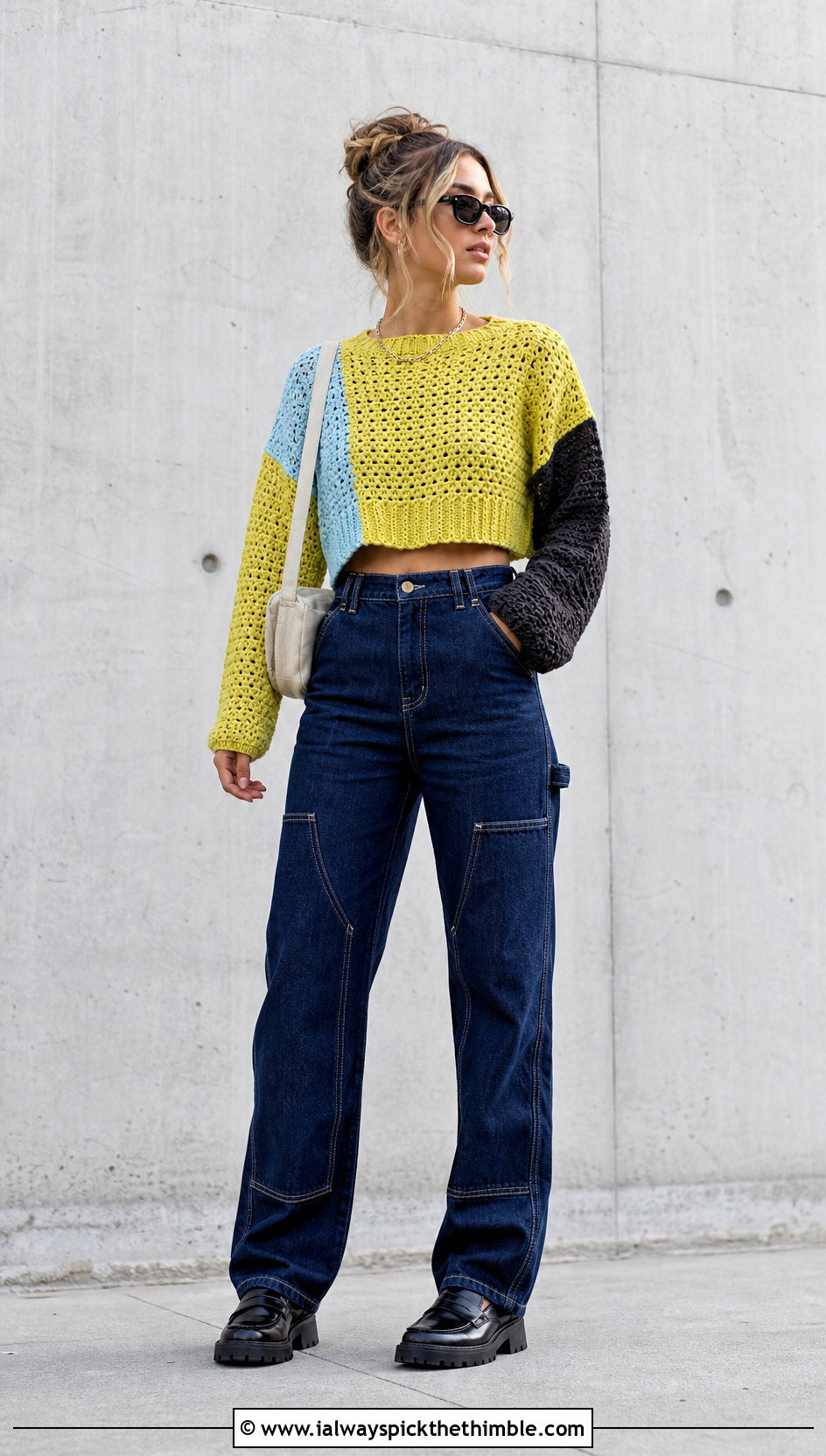 Color Block Crochet Crop Sweater With Carpenter Jeans - 25 crochet crop sweater outfit ideas