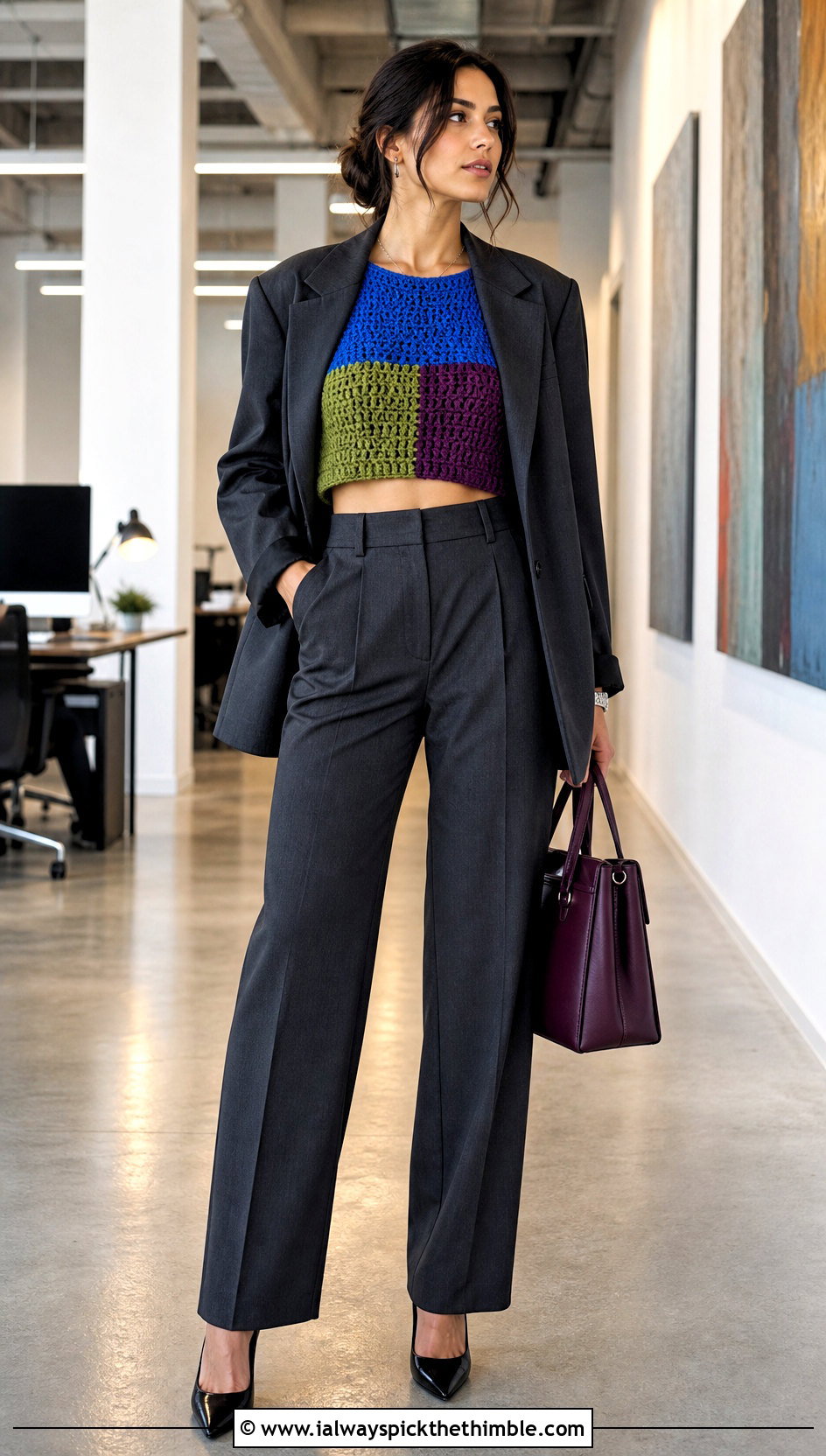 Color Block Crochet Cropped Jumper With Suit Separates - 20 crochet cropped jumper outfit ideas