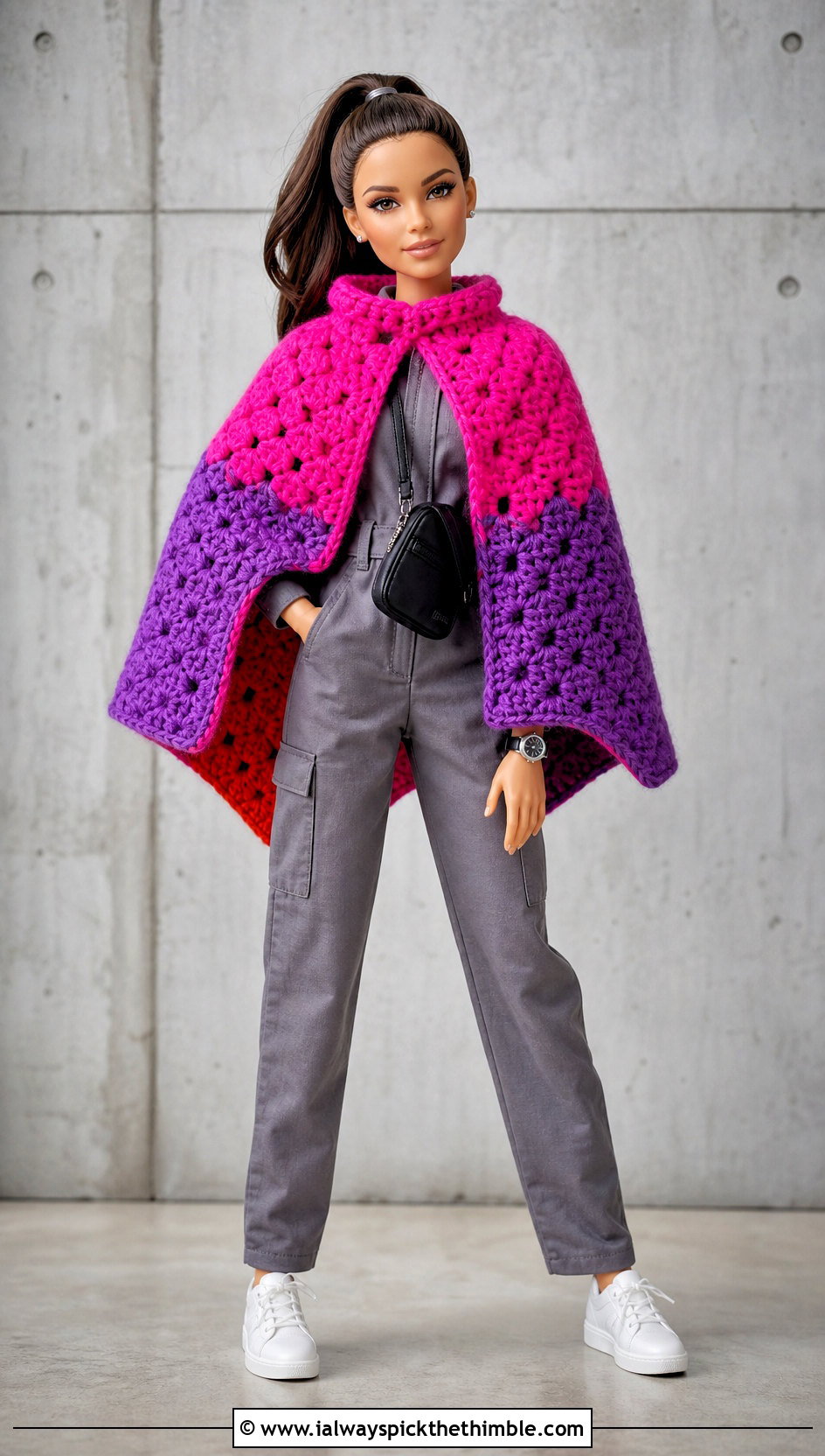 Color Block Crochet Doll Cape With Utility Jumpsuit - 20 Crochet Doll Cape outfit ideas