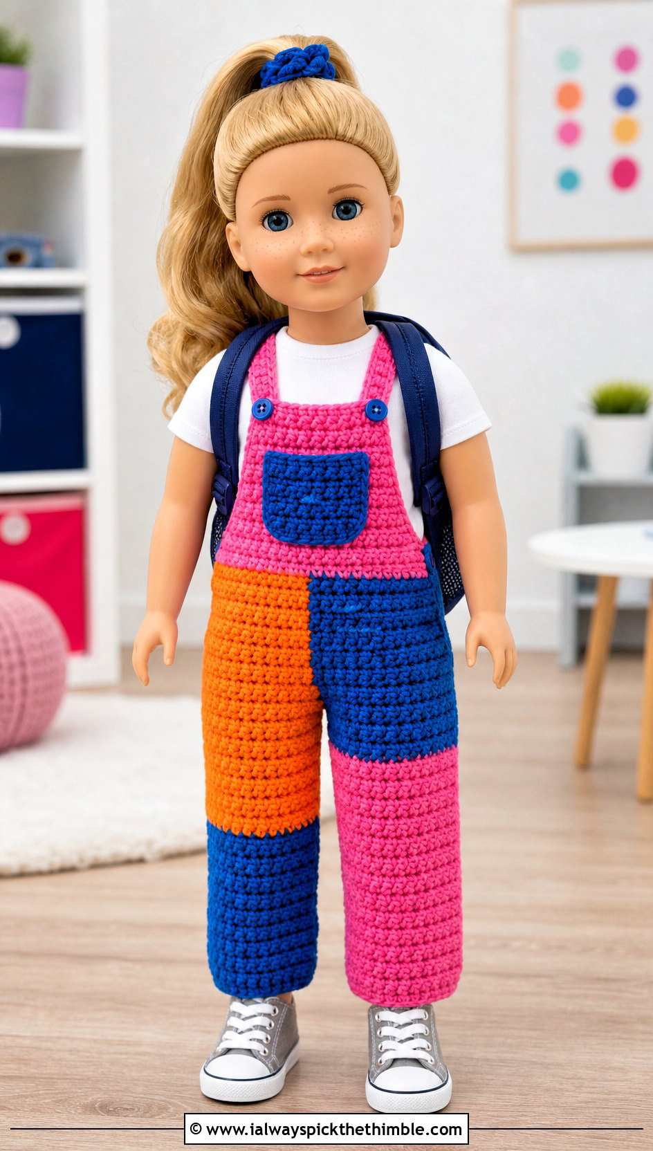 Color Block Crochet Doll Overalls With White T Shirt - 20 crochet doll overalls outfit ideas