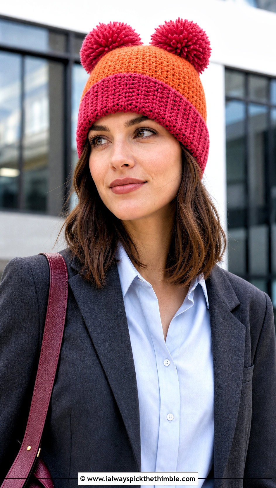 Color Block Crochet Double Pom Pom Hat With Blazer And Jeans - 20 Crochet Hat With Two Pom Poms outfit ideas