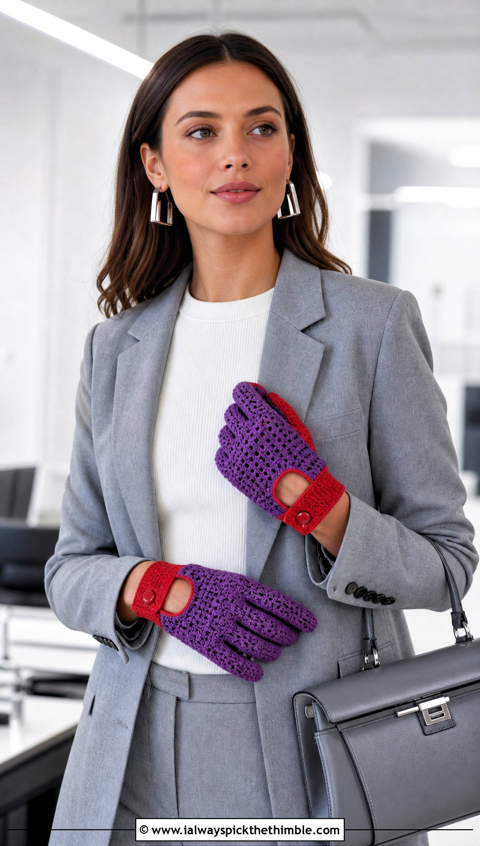 Color Block Crochet Driving Gloves With Monochrome Suit - 20 Crochet Driving Gloves outfit ideas