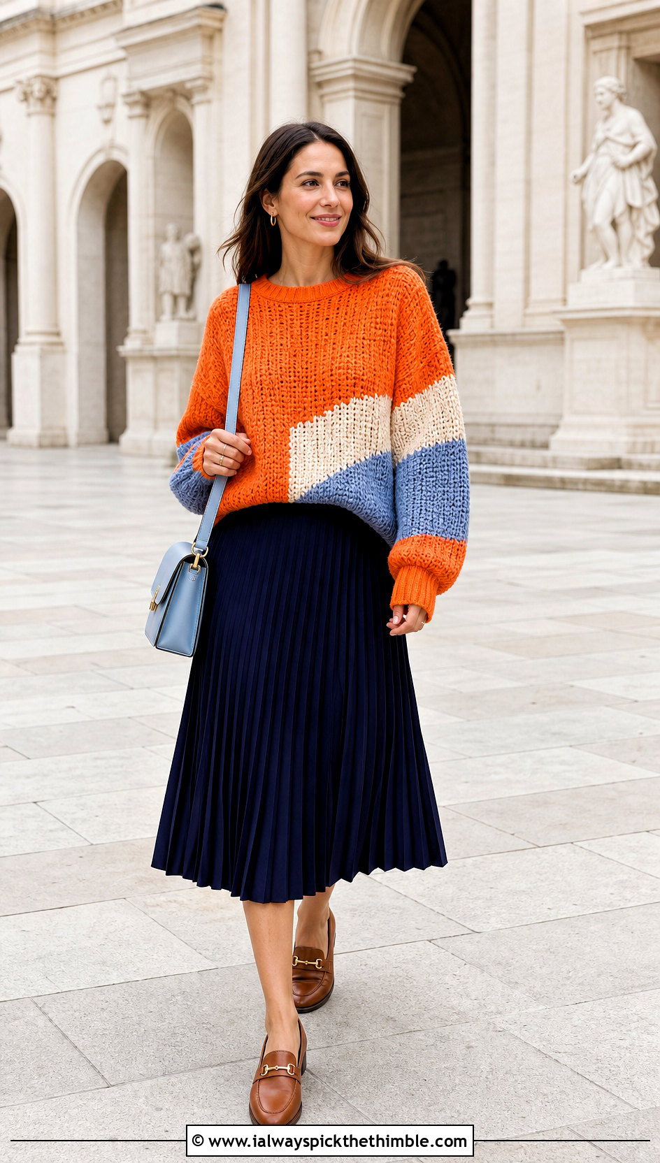 Color Block Crochet Drop Shoulder Sweater With Pleated Skirt - 20 crochet drop shoulder sweater outfit ideas