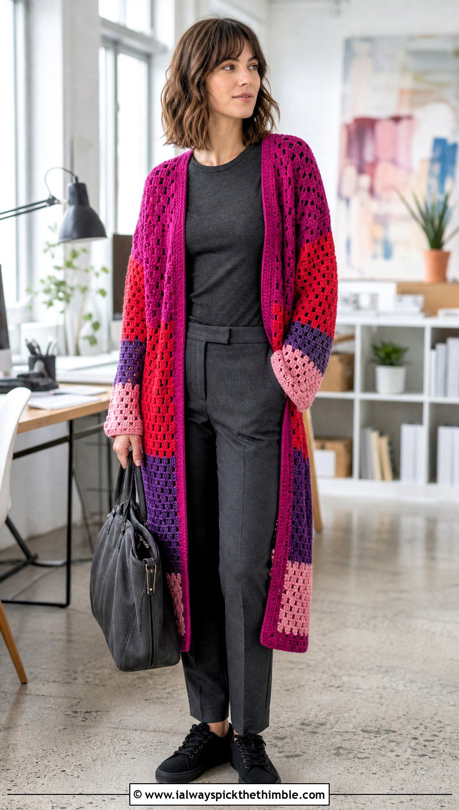 Color Block Crochet Duster Cardigan With Monochrome Outfit - 25 crochet duster cardigan outfit ideas