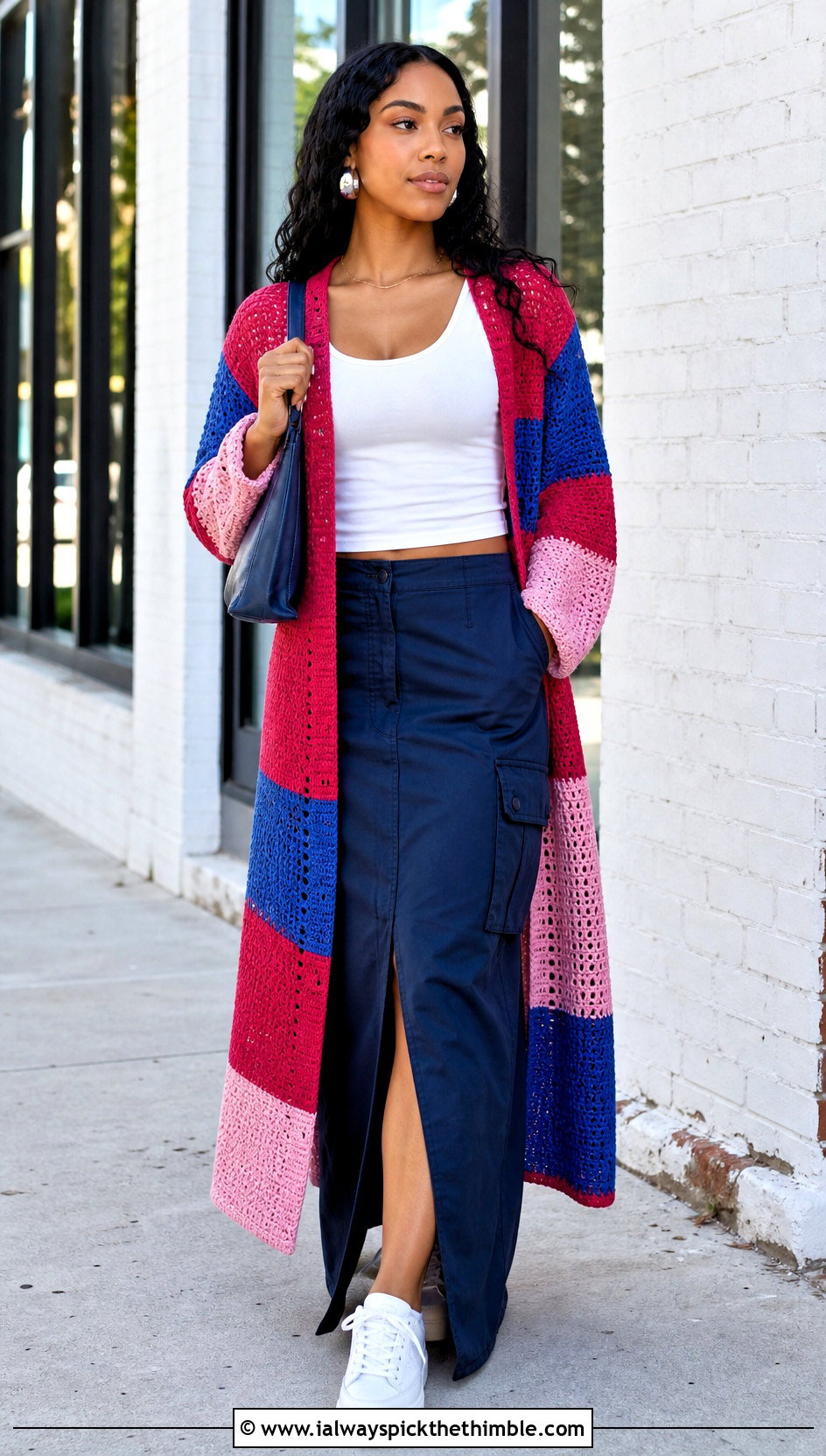 Color Block Crochet Duster With Cargo Maxi Skirt - 25 crochet long sweater outfit ideas