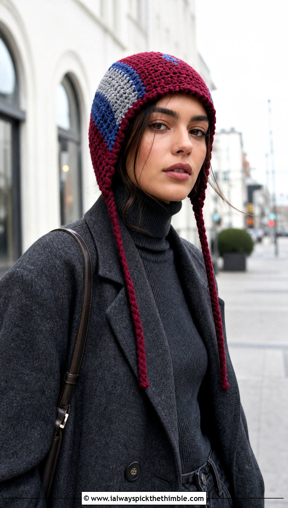 Color Block Crochet Ear Flap Beanie With Monochrome Outfit - 20 crochet ear flap beanie outfit ideas