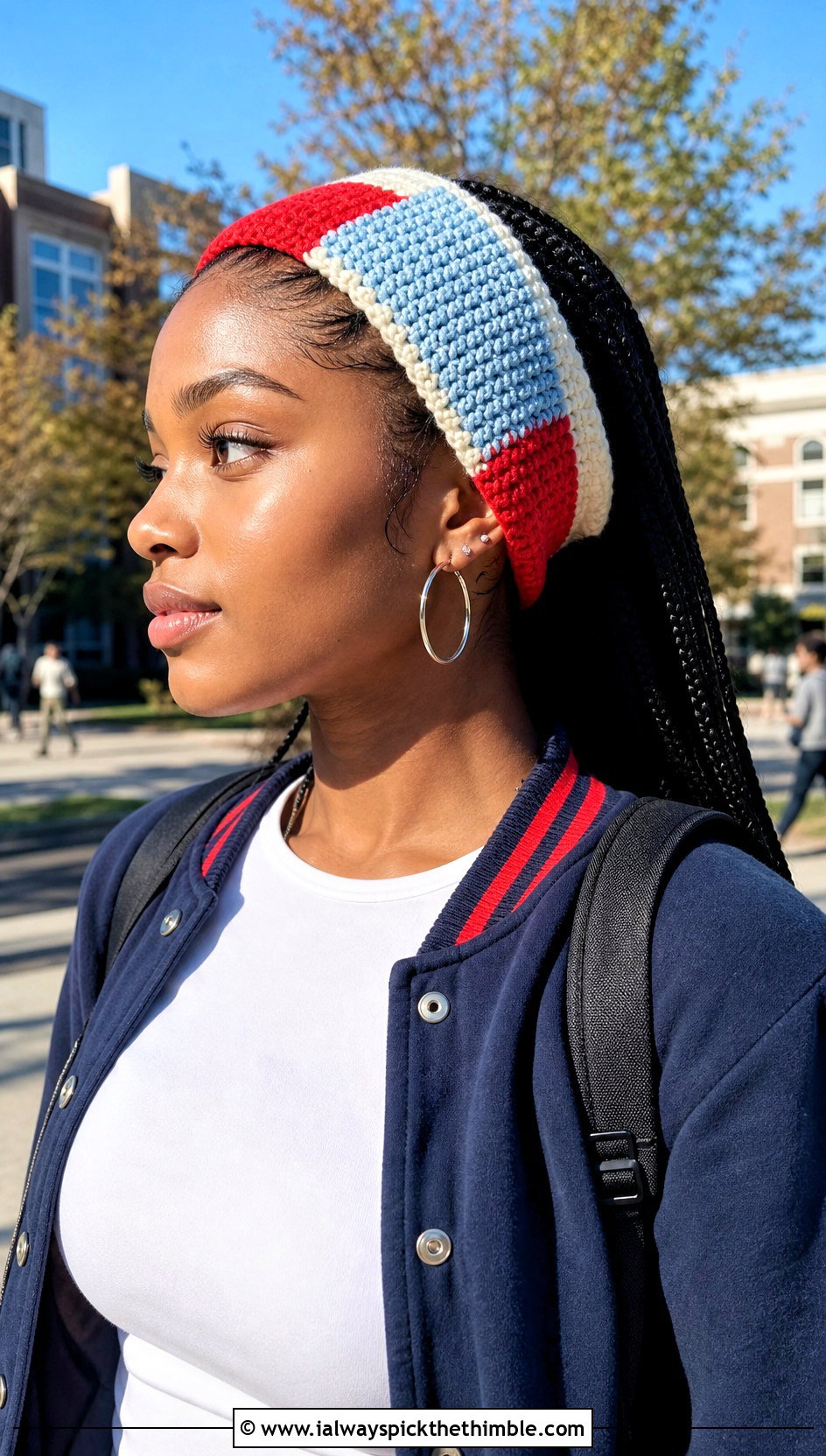 Color Block Crochet Ear Headband With Varsity Jacket - 20 crochet ear headband outfit ideas