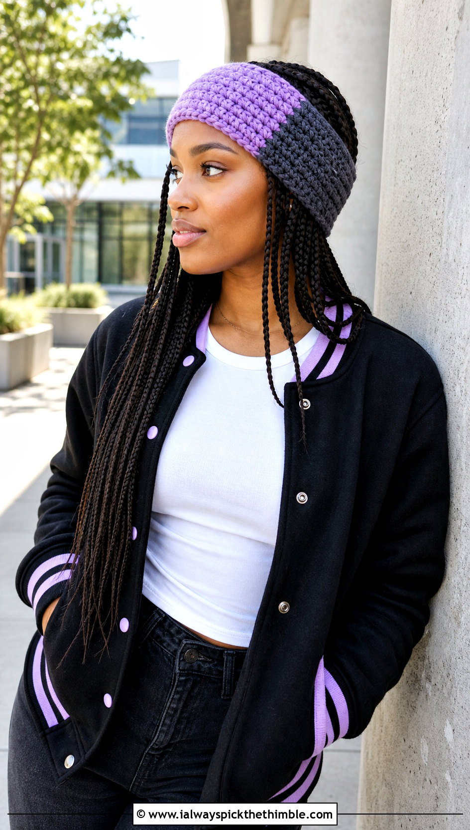 Color Block Crochet Ear Warmer Headband With Varsity Jacket - 20 crochet ear warmer headband outfit ideas