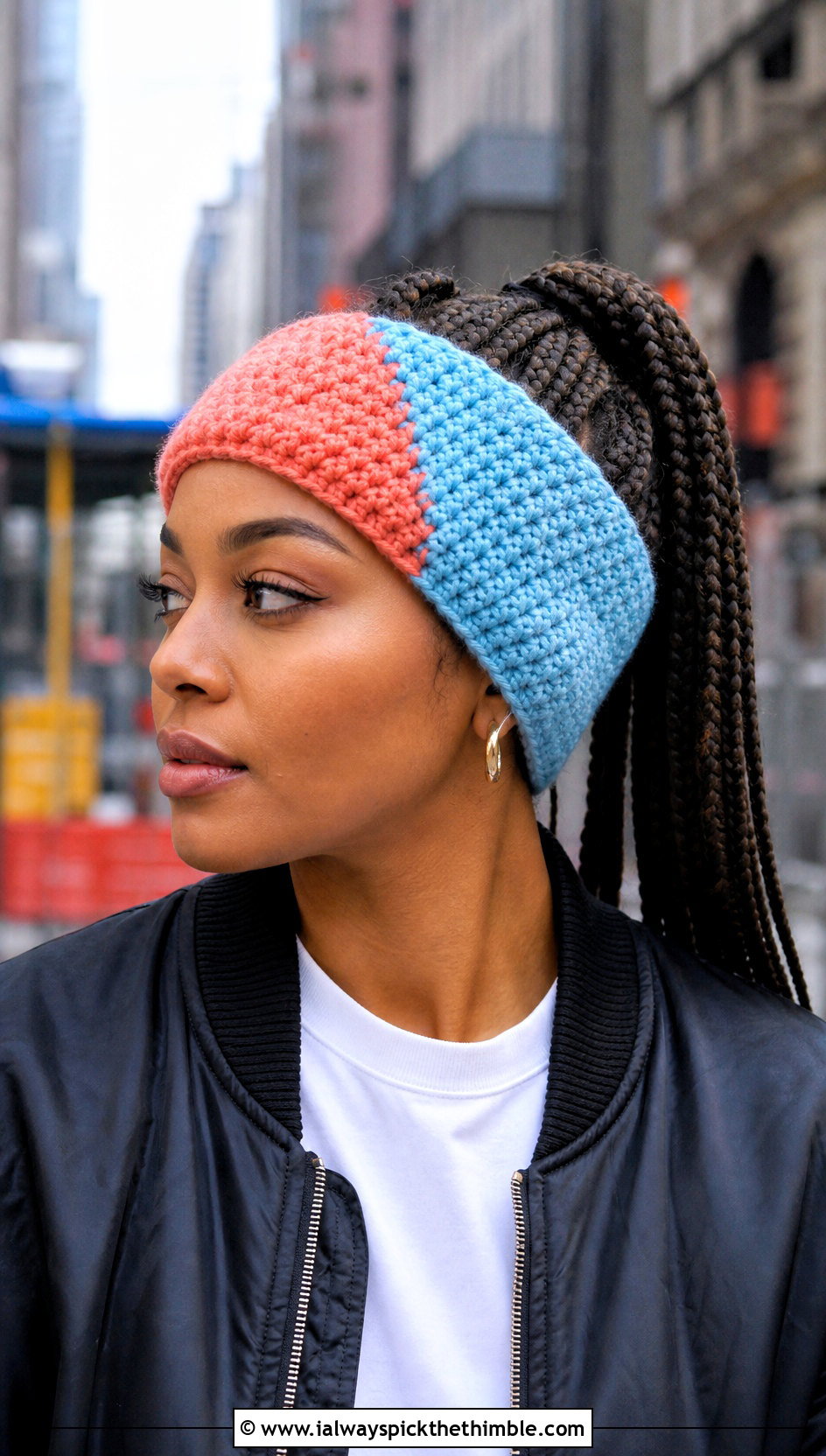 Color Block Crochet Ear Warmer With Bomber Jacket - 25 crochet ear warmers outfit ideas