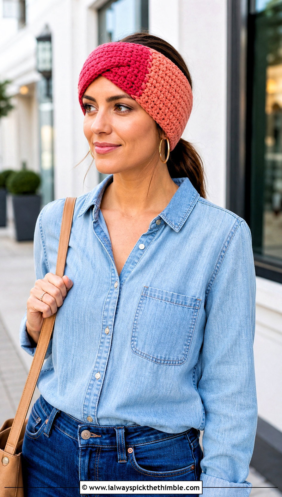 Color Block Crochet Ear Warmer With Double Denim - 20 Beginner Crochet Ear Warmer outfit ideas